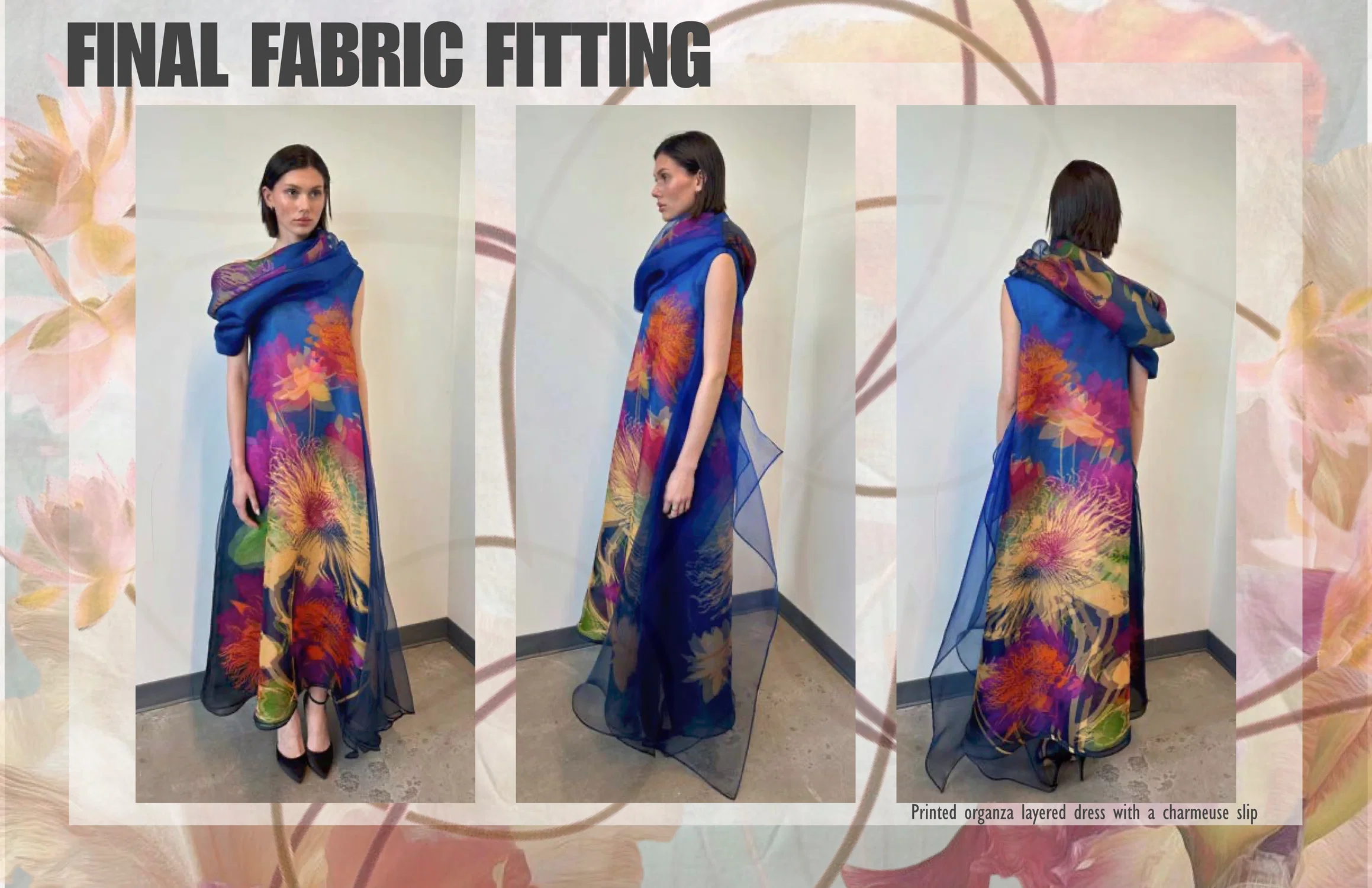Image of a model in my floral dress with colorful patterns