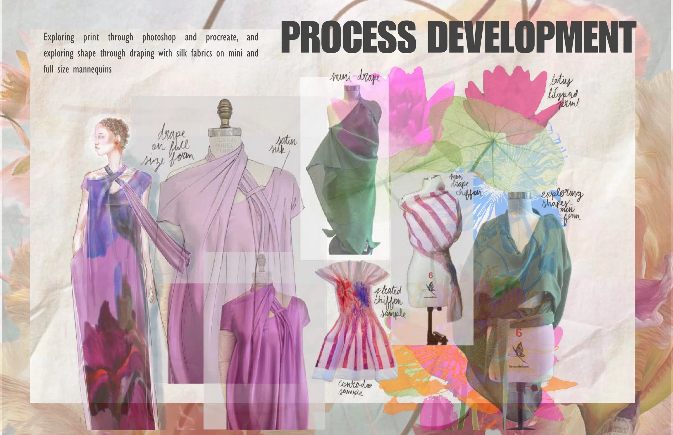 Collage of draping on mannequins and floral prints