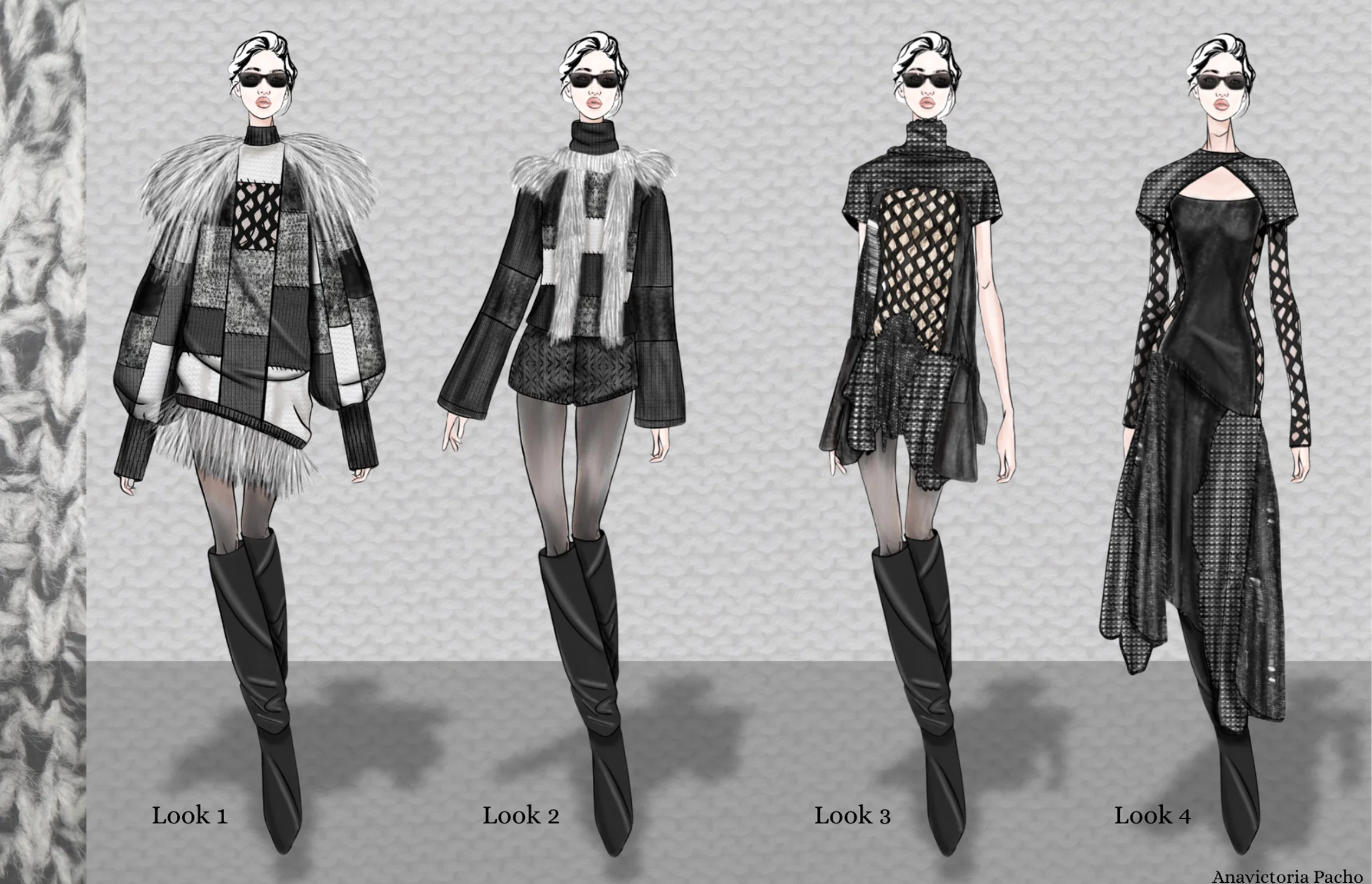 Recycled sweater collection combining patchwork, fringe, and open knit structures.