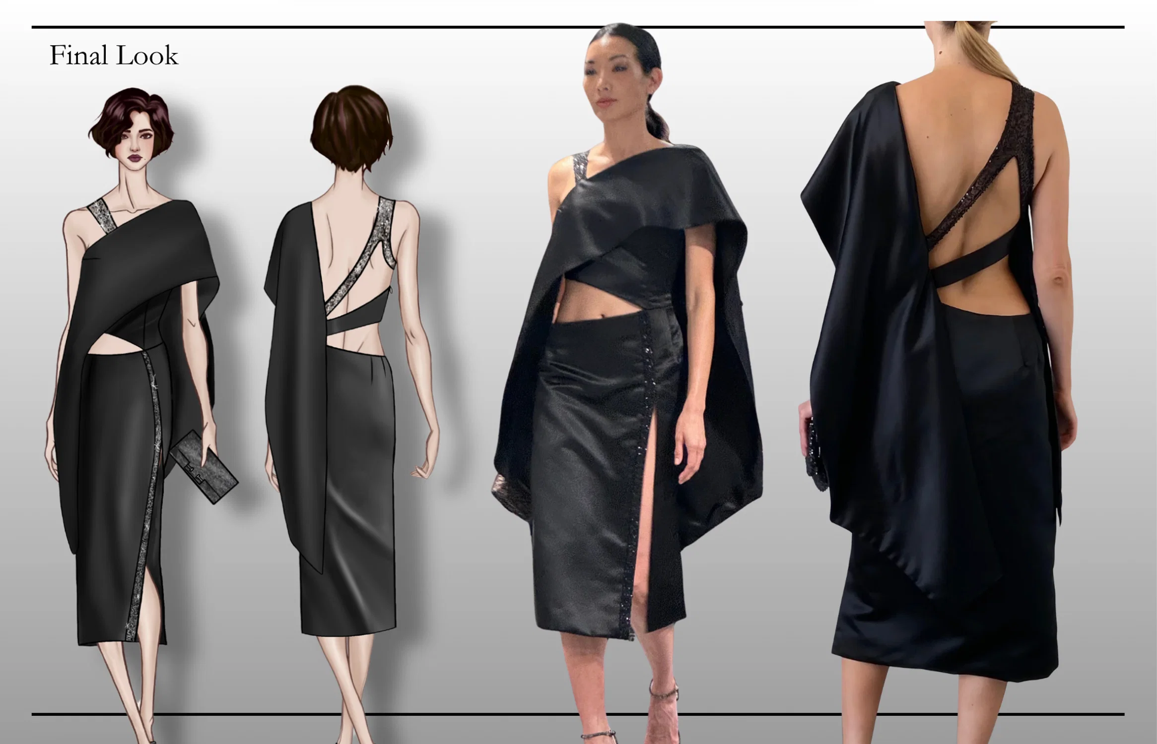 Asymmetrical cocktail dress with architectural drape and beaded details.