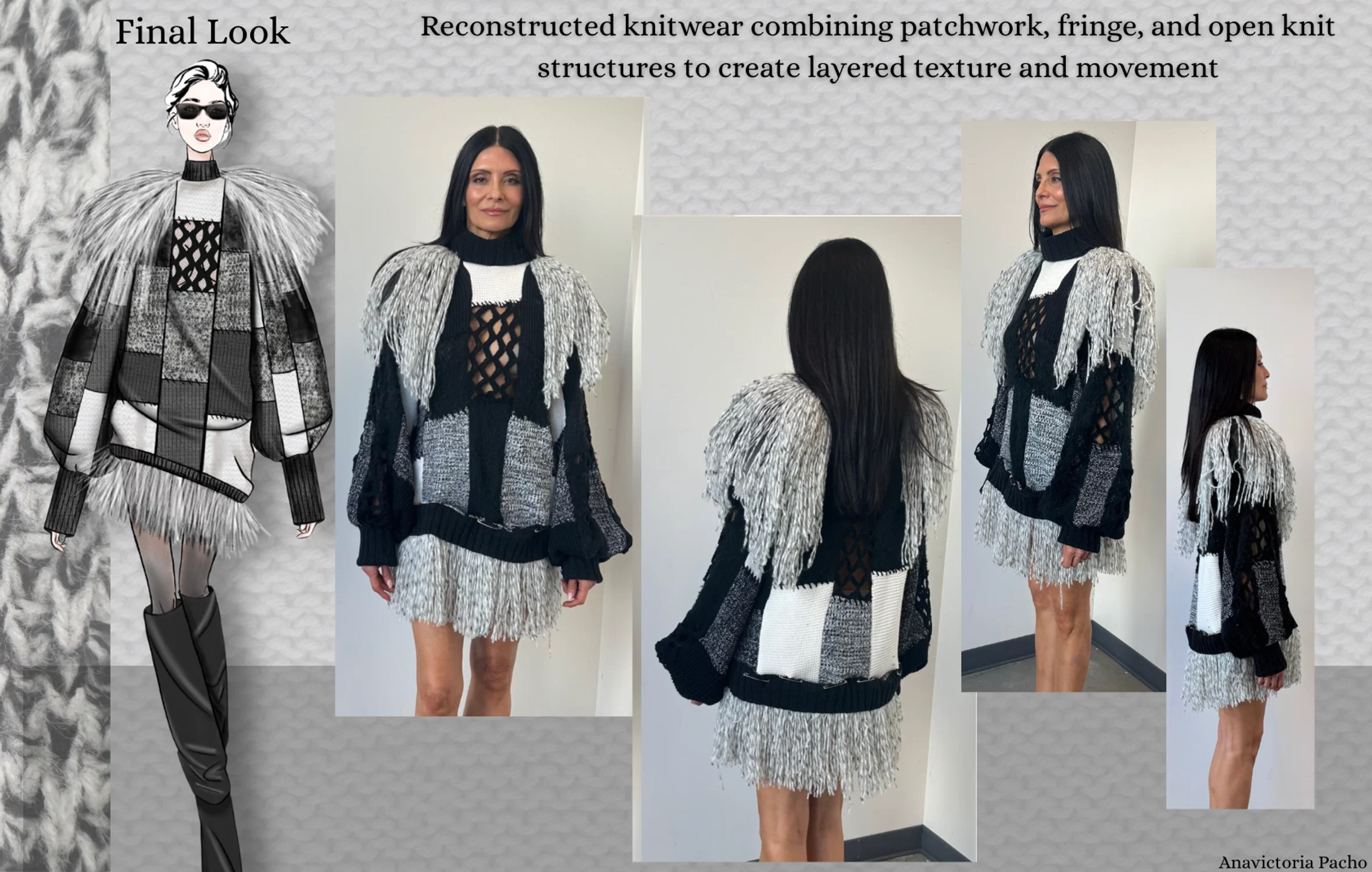 Recycled sweater dress combining patchwork and fringe