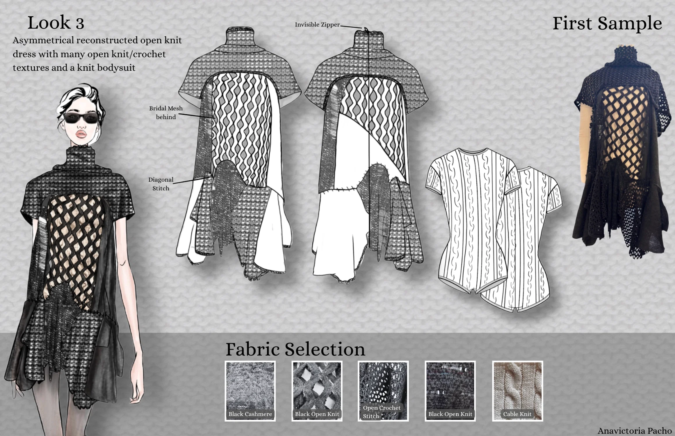 Asymmetrical reconstructed open knit dress with many open knit/crochet textures and a knit bodysuit