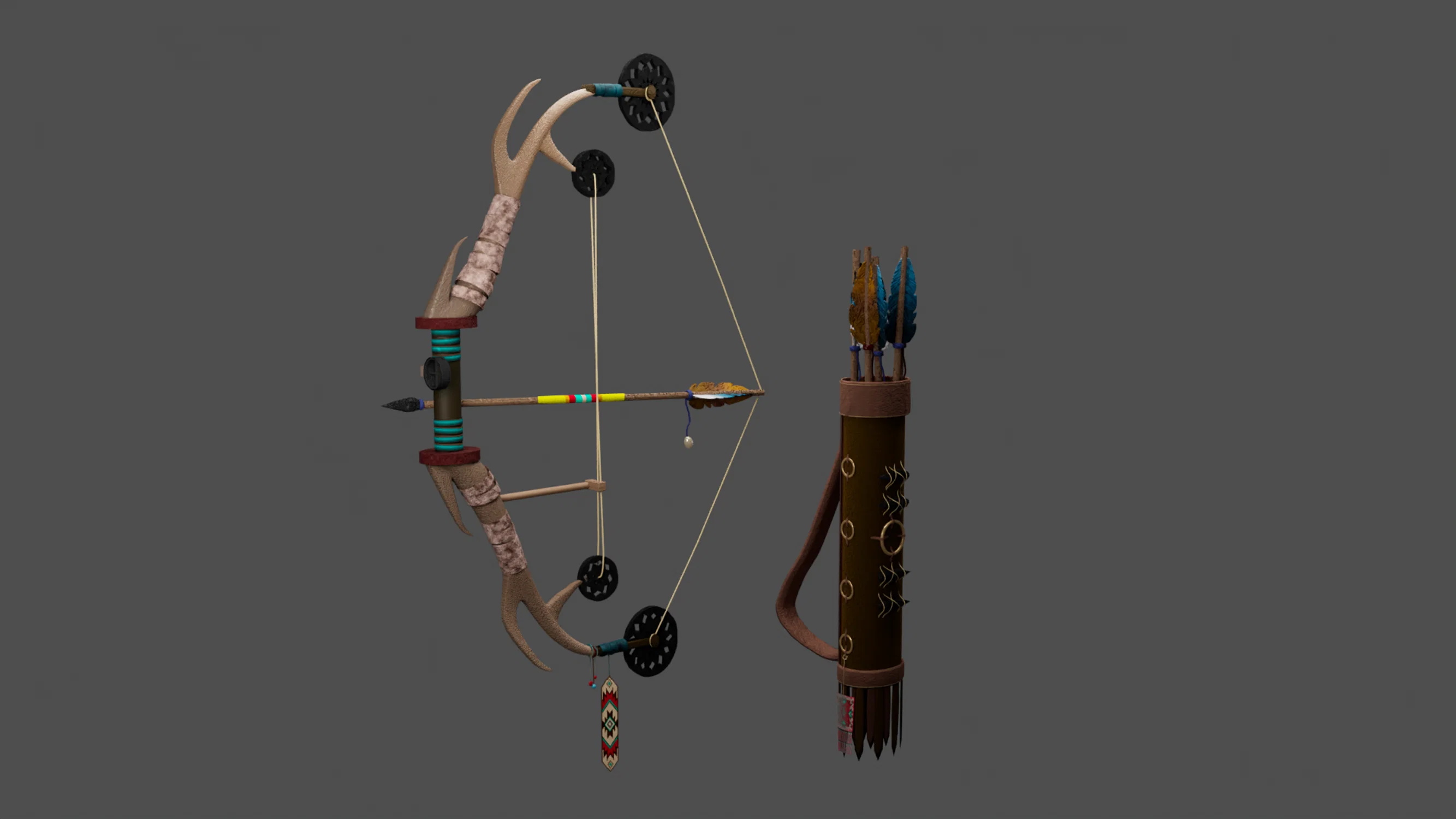Altair & Estrellas Fugaces: This is a bow, arrows, and quiver that was inspired by Navajo symbols. The bow is in made from antlers with obsidian as the wheels that holds the string. The elements of the props are to appear organic to show relation to the Earth. There are beads with Navajo symbols. In this piece it is to show how Maya can work with organic shapes.