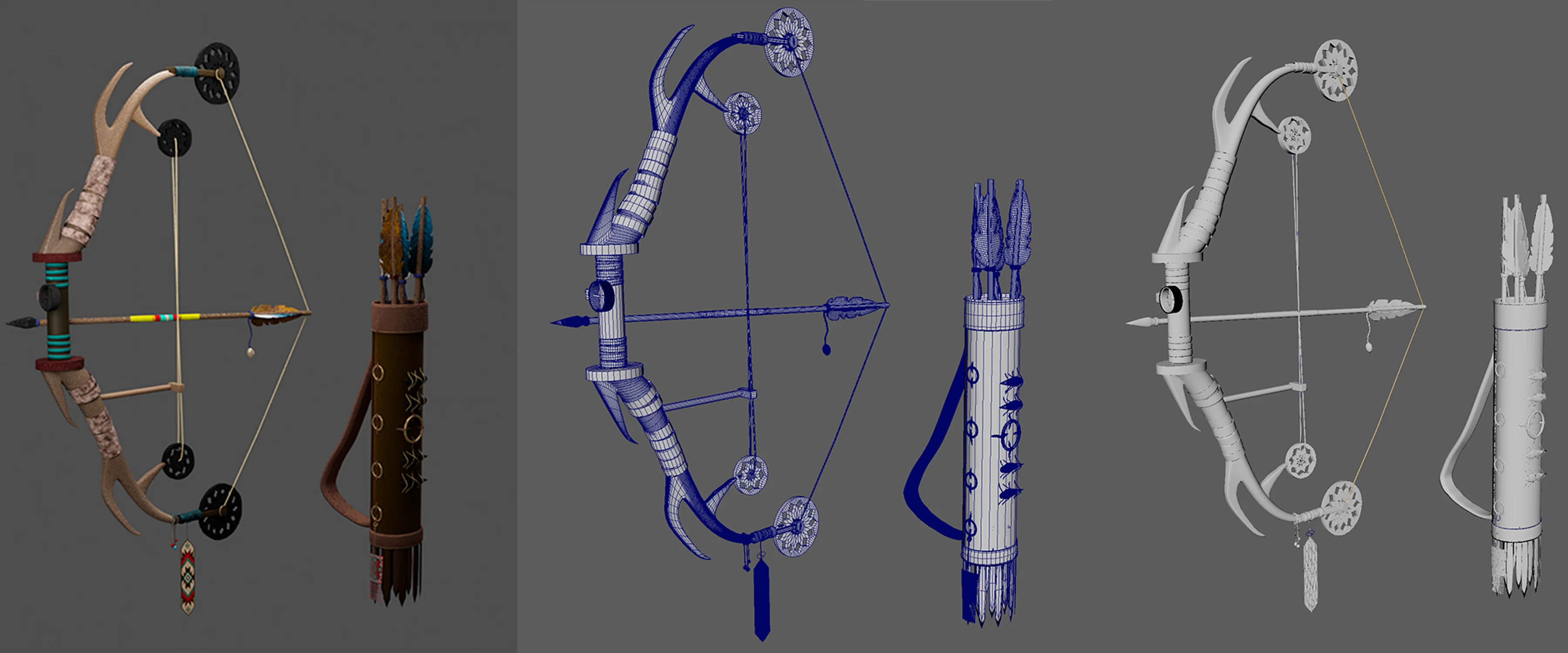Here are images of the three props showing the wireframe and what they look like without texture.