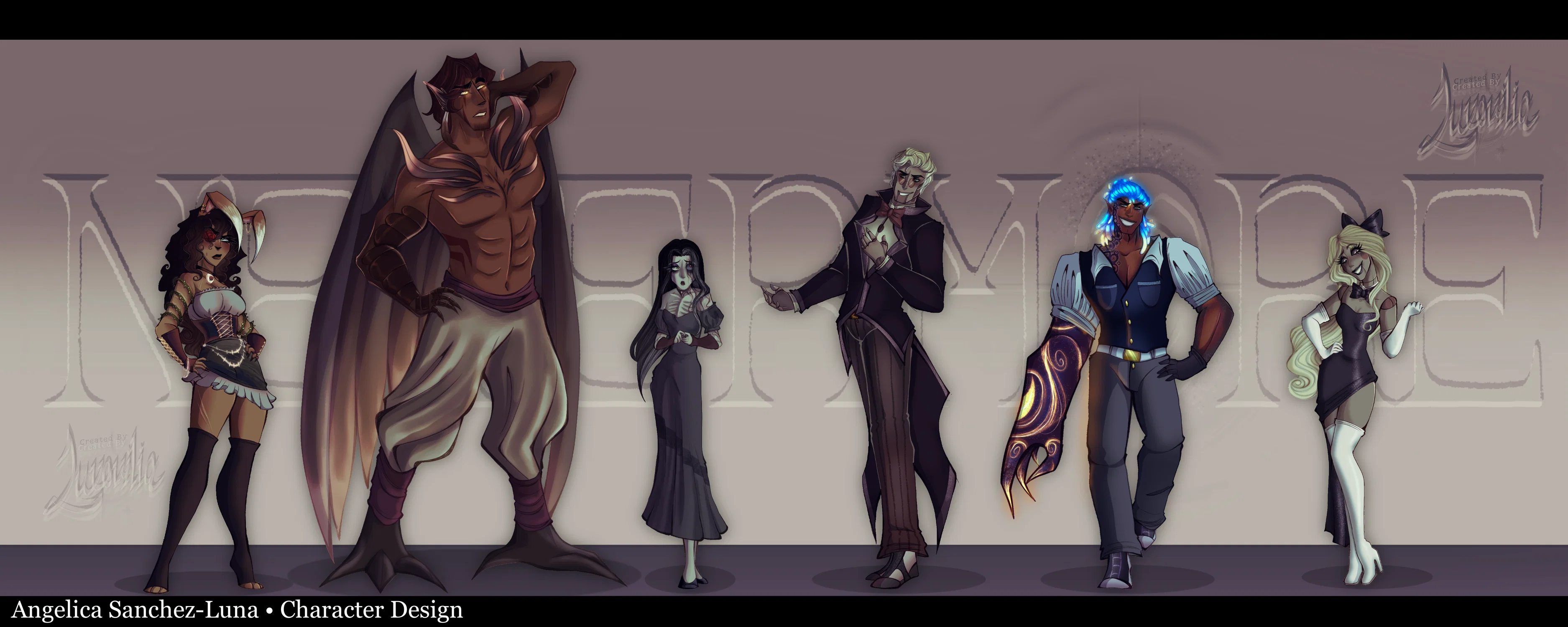 A lineup of characters for a fantasy project titled: 'NEVERMORE", by Angelica Maria Sanchez Luna