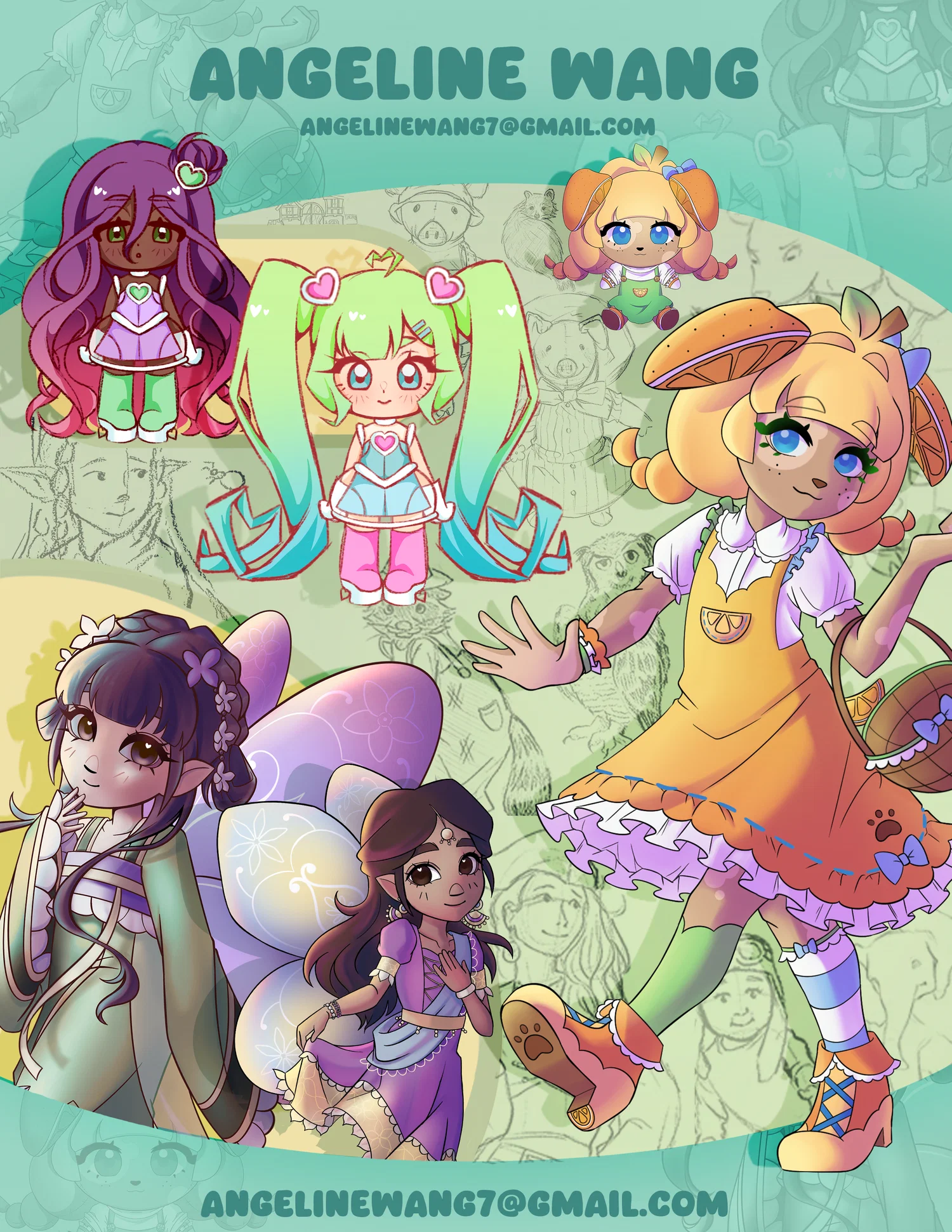 Angeline Wang's promo sheet featuring toys including Pixie Buds, Floret Academy, and Sunny Delightful.