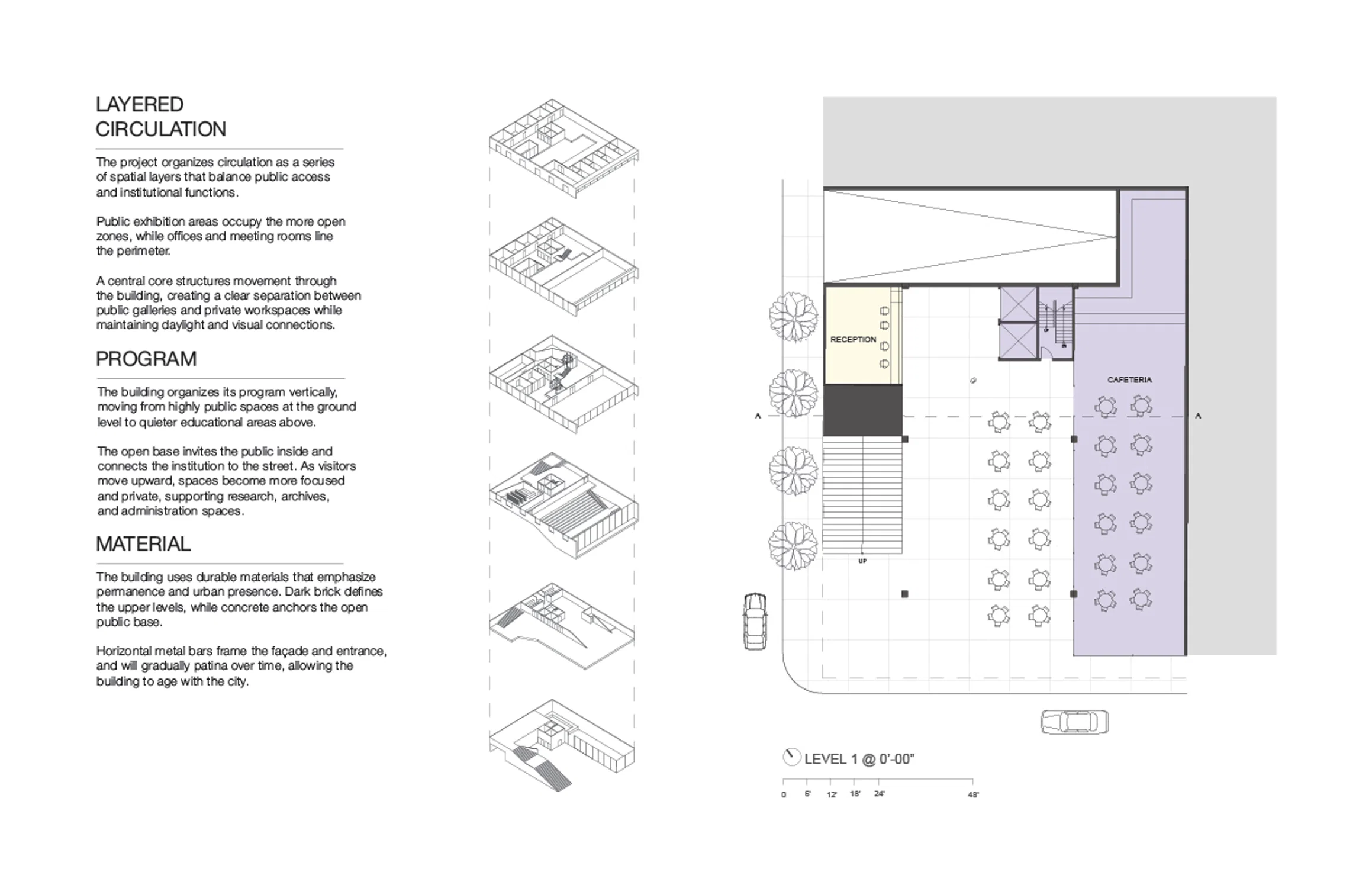 Concept diagrams and ground floor plan of the Los Angeles Historical Society showing circulation, program, and material organization.