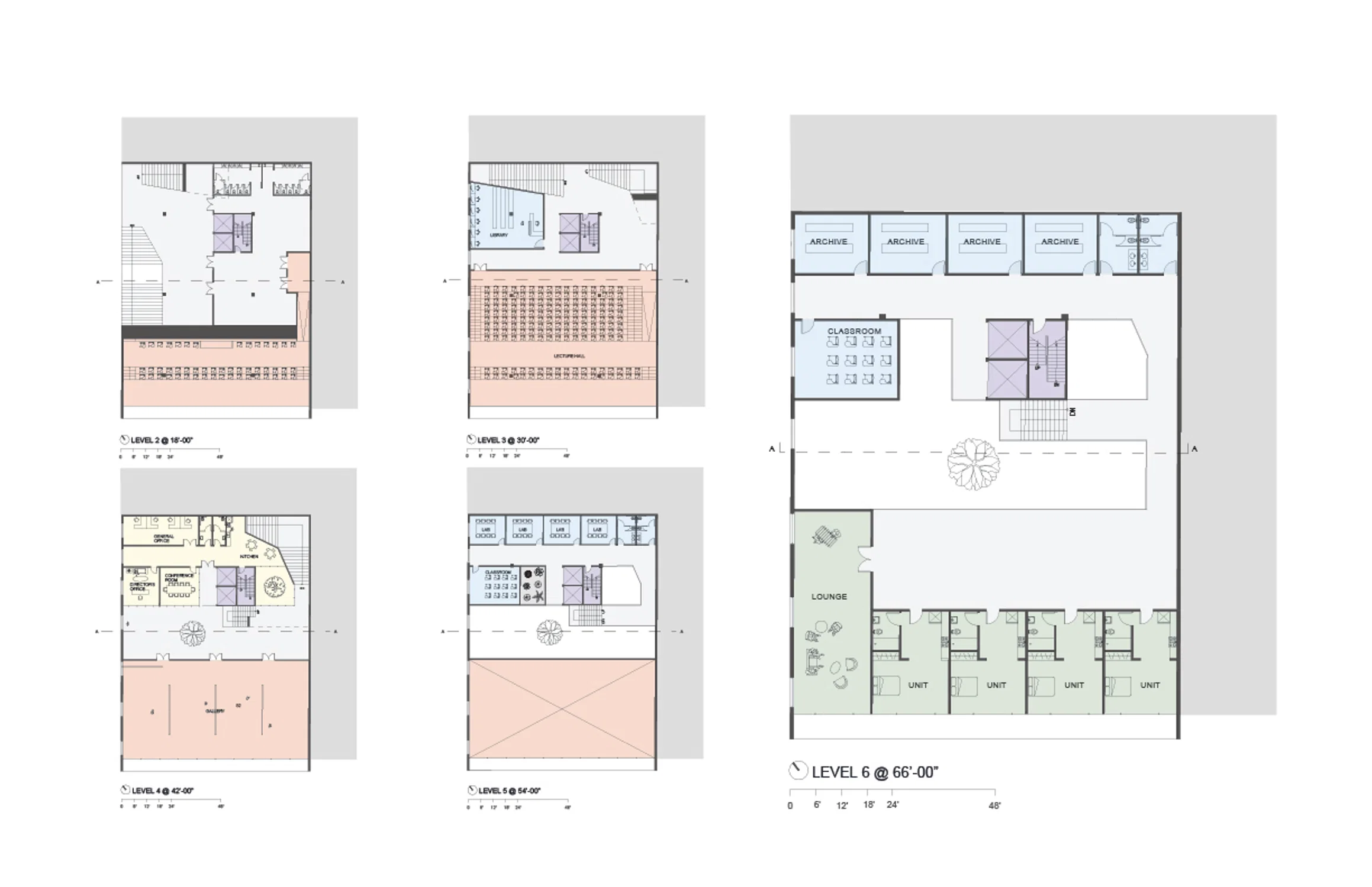 Multi-level floor plans organizing public gathering, exhibition, research, and administrative spaces around a central courtyard.