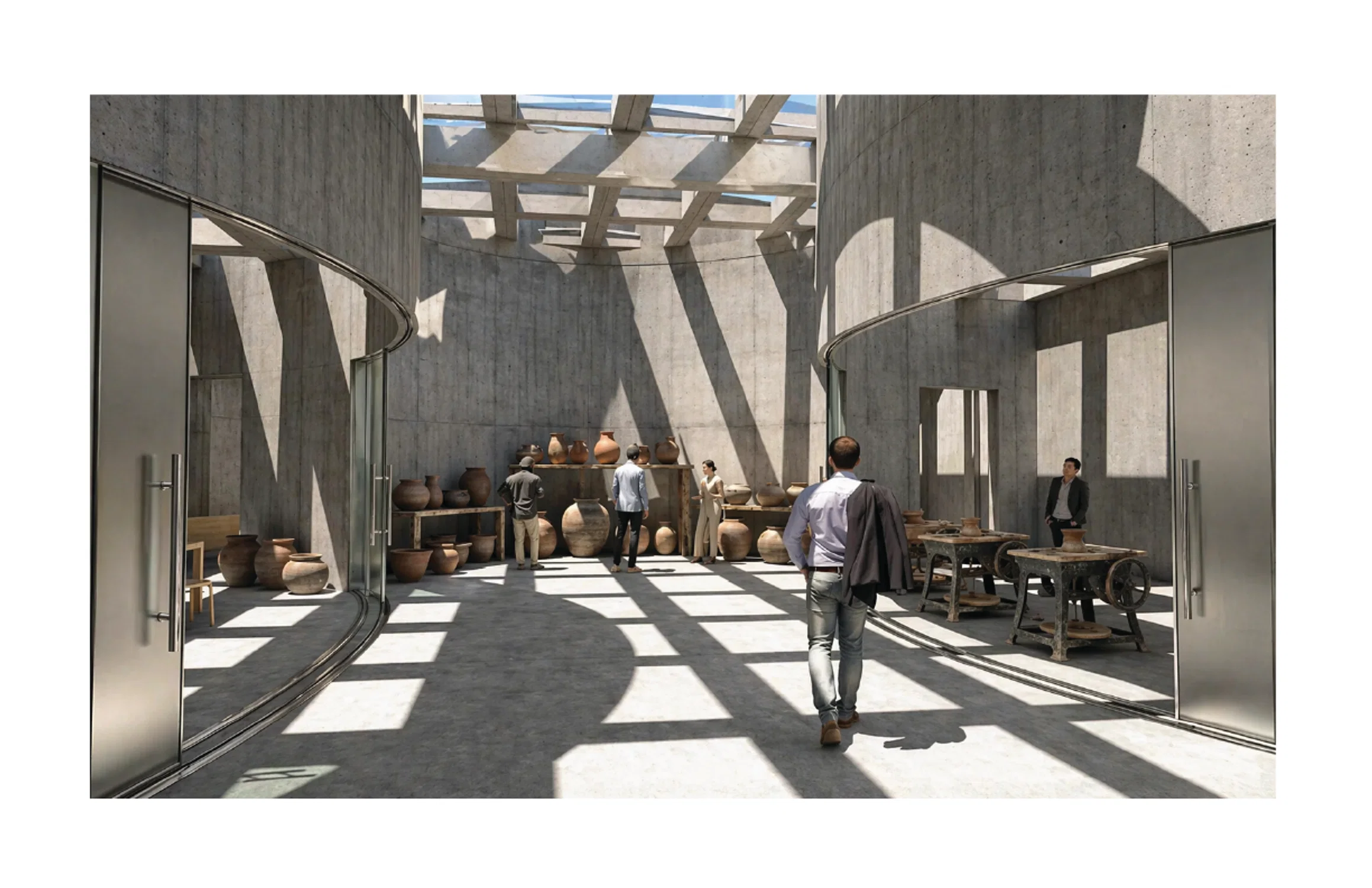 Crisp interior rendering of Flow Studio with curved concrete walls, pottery displays, and strong skylight shadows across the floor.