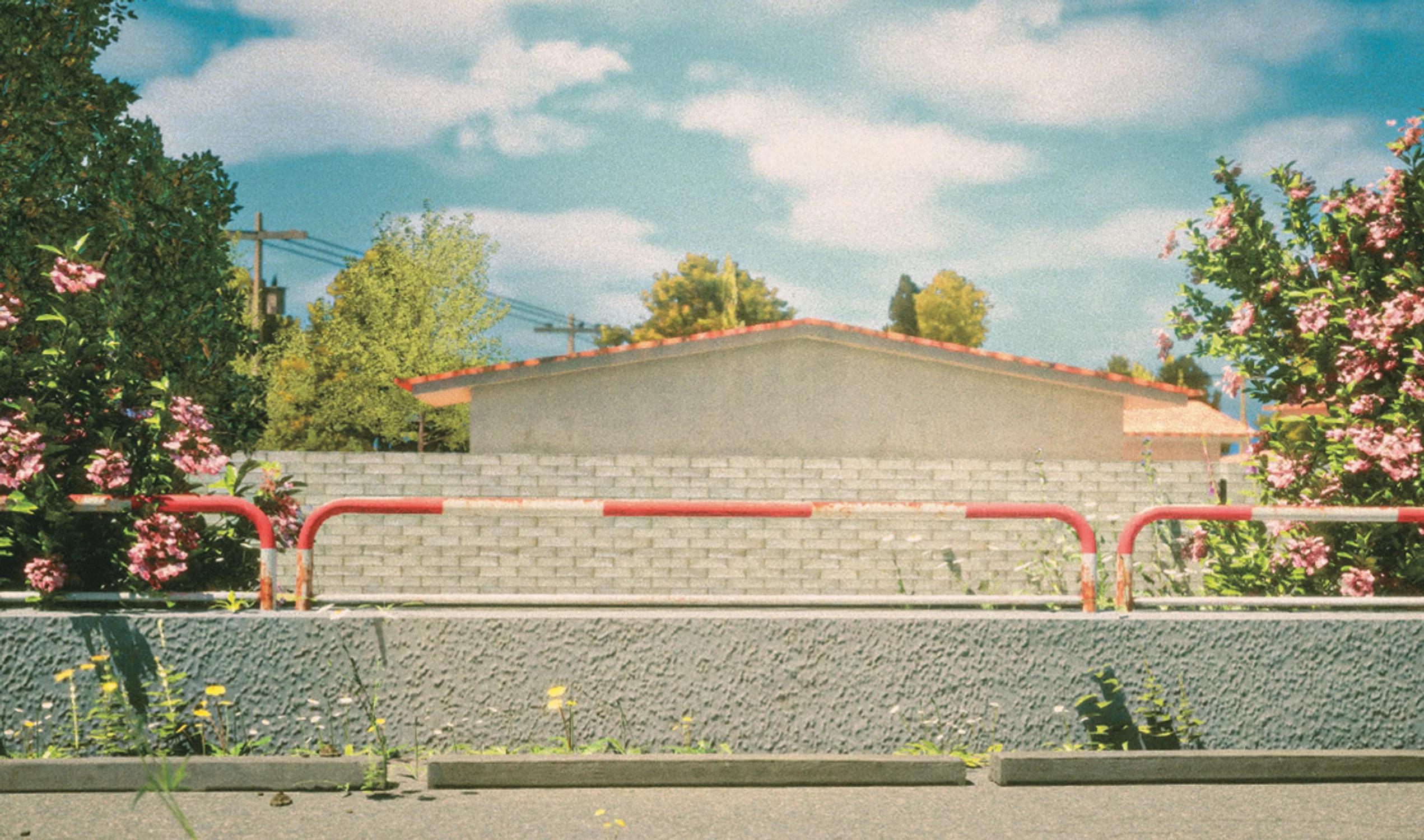 A sunny suburban scene with a low brick wall, red railing, blooming pink flowers, and a house under a blue sky with clouds.