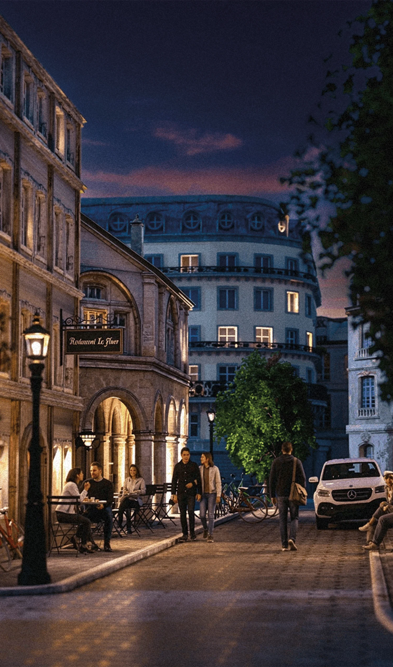A lively European street at dusk with people walking and dining outdoors, warm lights glowing from buildings, and a car parked along the cobblestone road.