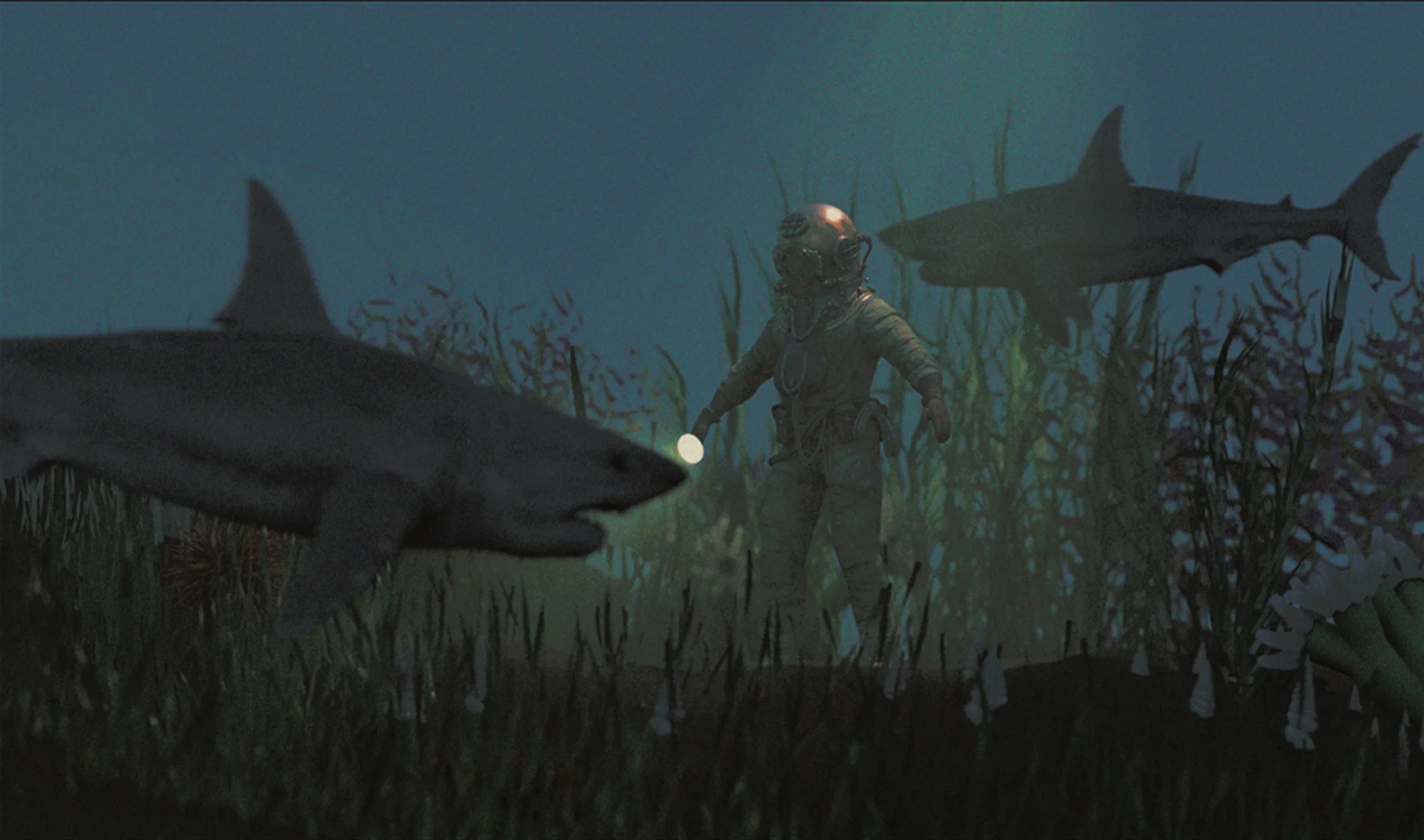 A diver with a flashlight explores a murky underwater scene as sharks swim nearby through seaweed.