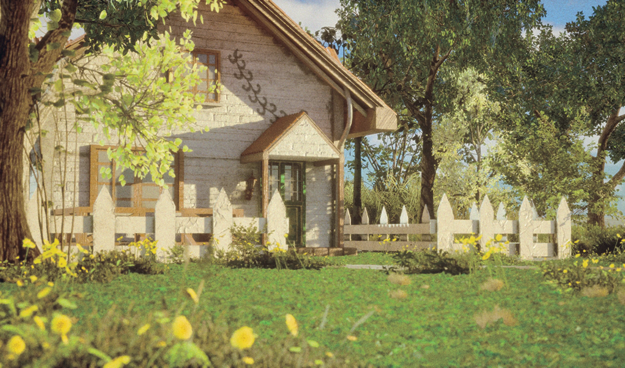 A sunny cottage with a white picket fence, surrounded by trees and a grassy yard with yellow flowers.