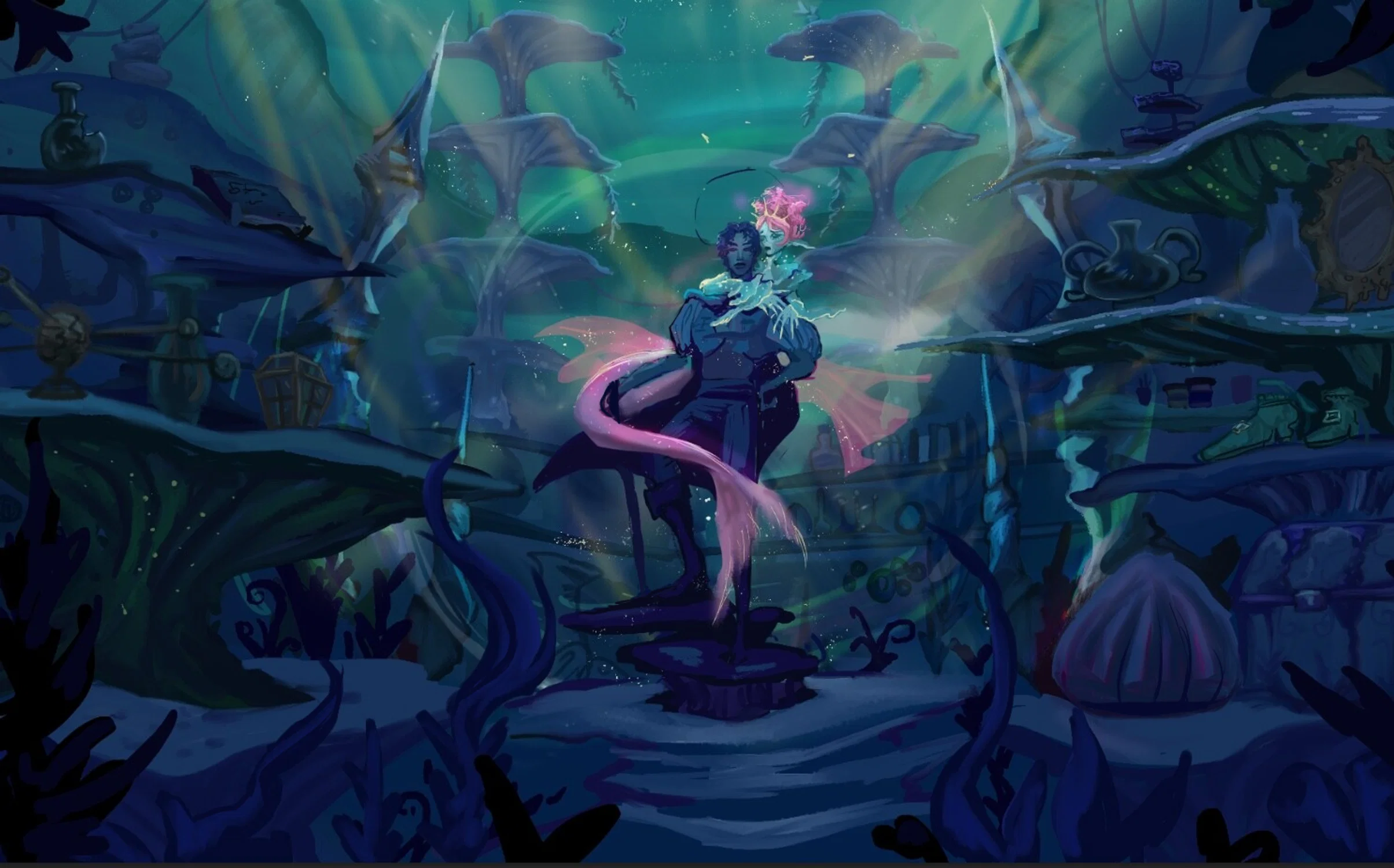 A pink haired mermaid with a both human and fish like appearance hugs a statue of a man with a sword. Both are surrounded by a cove of relics under the ocean.