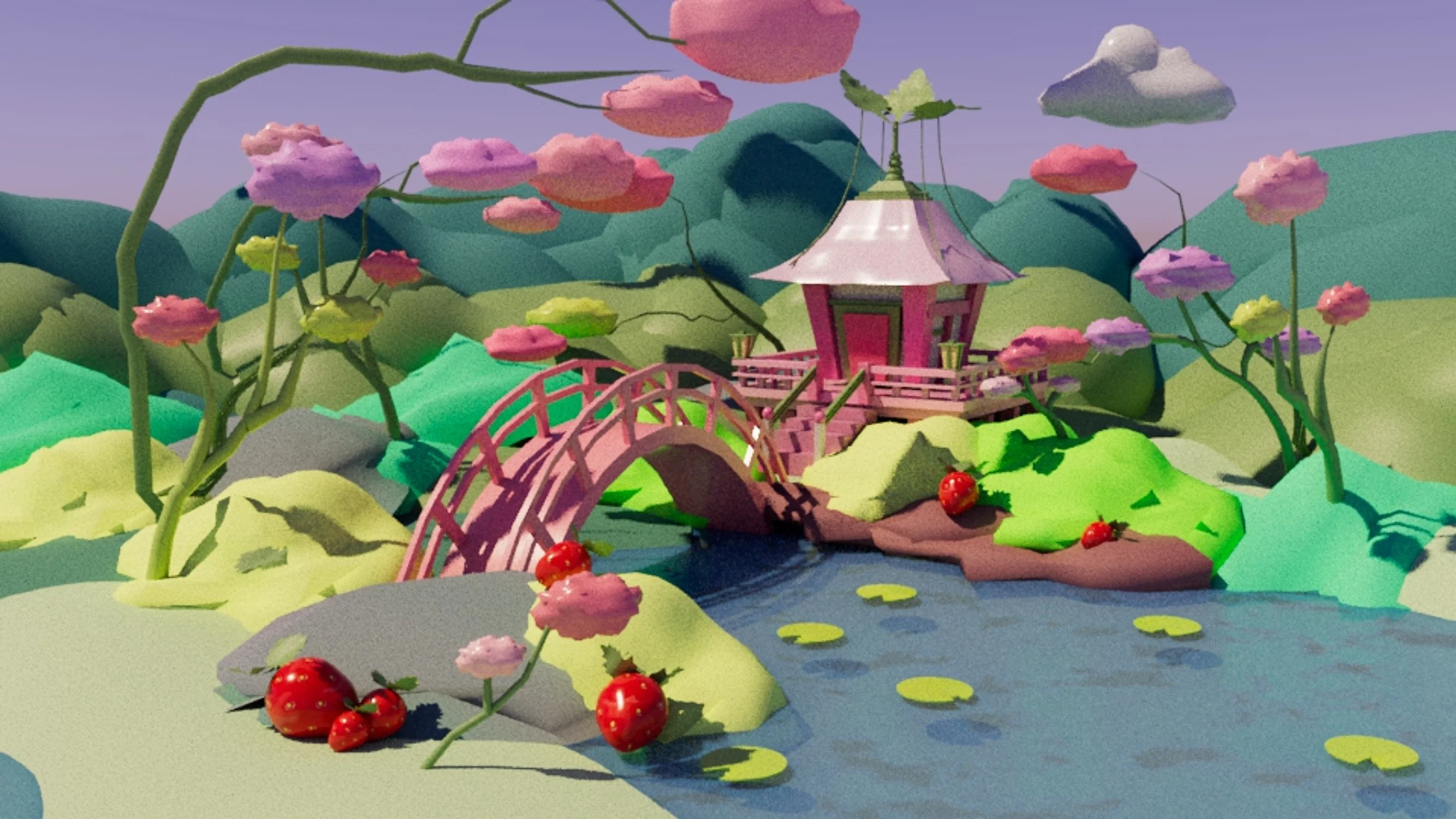 A small house sits with a bridge in front. There are strawberries surrounding a small pond with lilpads