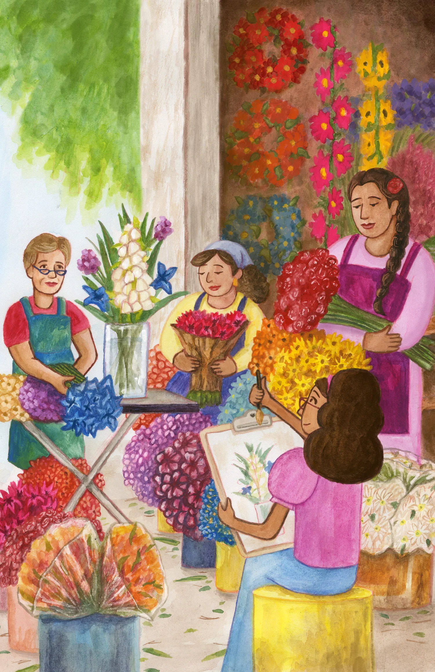 Three women seated around an outdoor flower shop, with many colorful flowers surrounding them. The young main character is seated directly across a flower arrangement made for her by the ladies.