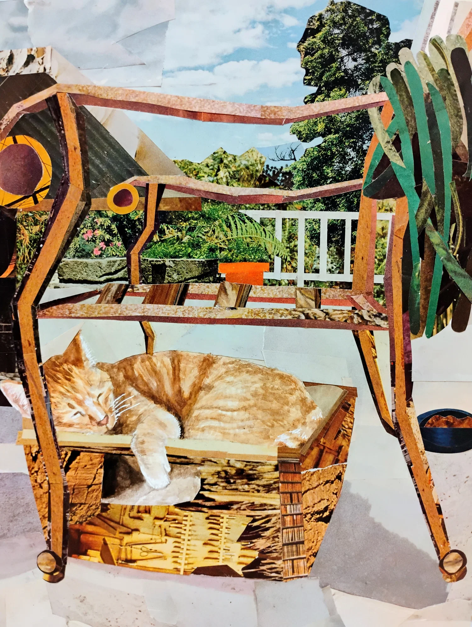 Collage piece of cat asleep on front porch of house.