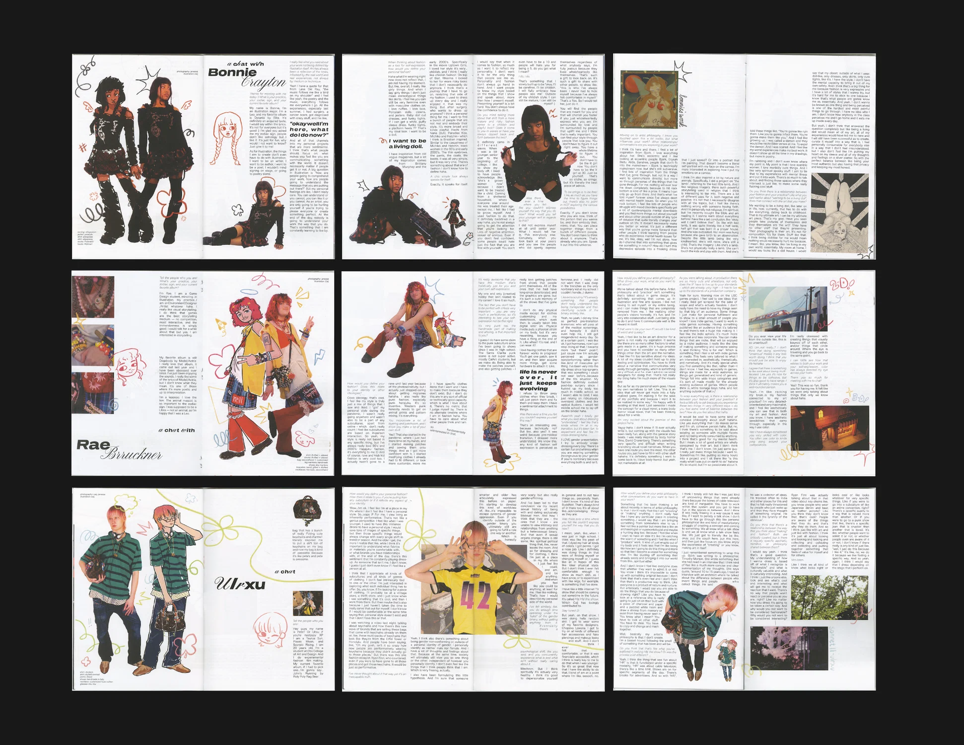 Nine magazine spreads featuring typography, photography, and illustration. 3 spreads are dedicated to introductions, 3 spreads are dedicated to dialogue and figure, and 3 spreads are dedicated to showcasing the artwork of the photographed/illustrated persons.