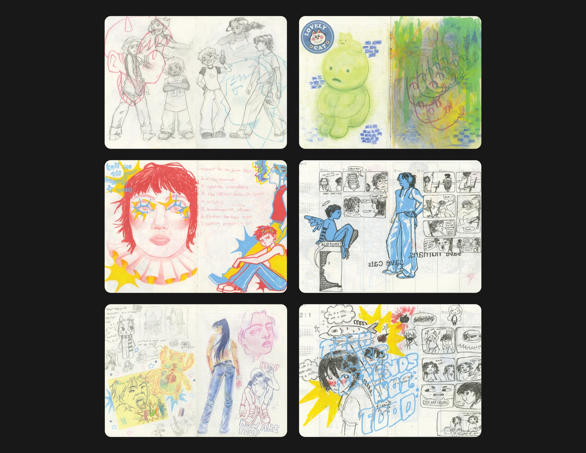 A 2x3 grid of sketchbook spreads. Each spread showcases varied material usage, including color pencil, chalk pastel, acrylic paint, ink pens, and graphite pencil. Figure is the central theme across all 6 spreads.