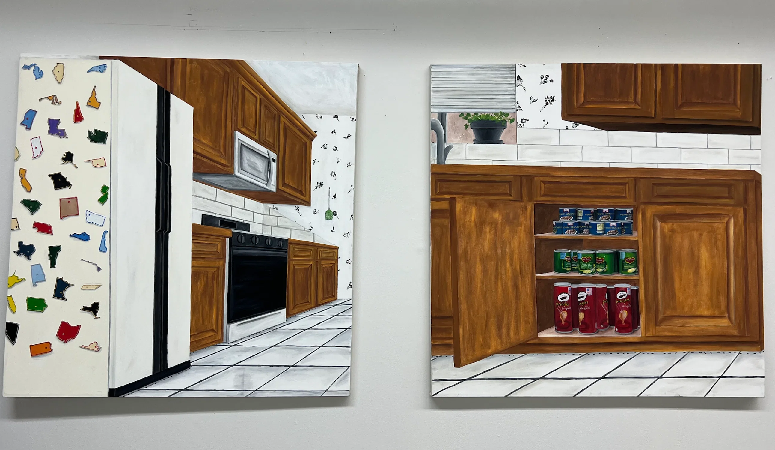 Two painting of kitchens