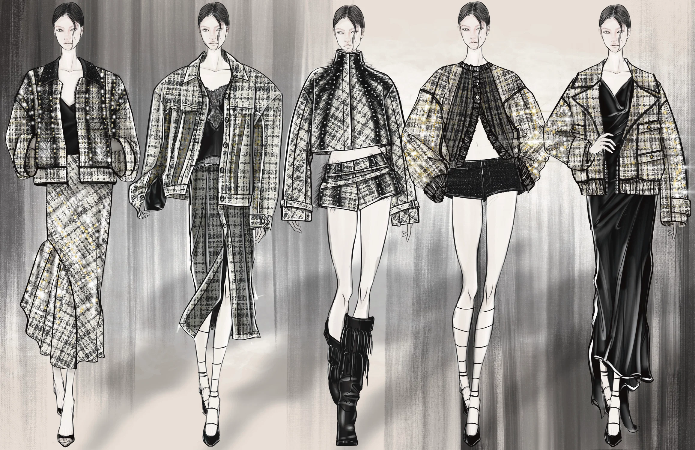A fashion illustration lineup of five female figures stands against a soft, neutral background. Each figure wears a look combining black, white, and subtle gold tones, with textured fabrics resembling tweed and sheer materials. The outfits blend tailored structure with soft, flowing elements, including cropped jackets, a long asymmetrical skirt, a shirt dress, a fitted jacket with shorts, and a long draped gown. The silhouettes mix masculine tailoring with feminine shapes, creating a balance of strength and elegance. The figures are drawn in a stylized, elongated manner with minimal facial detail, emphasizing the garments and overall mood of refined, modern luxury.