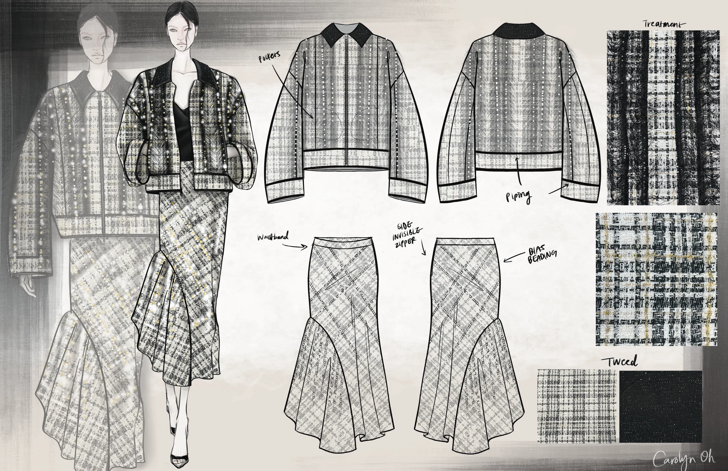 A fashion design board showing hand-drawn illustrations and technical flats of a cropped tweed jacket and asymmetrical skirt, along with fabric swatches and notes highlighting texture, beading, and construction details.