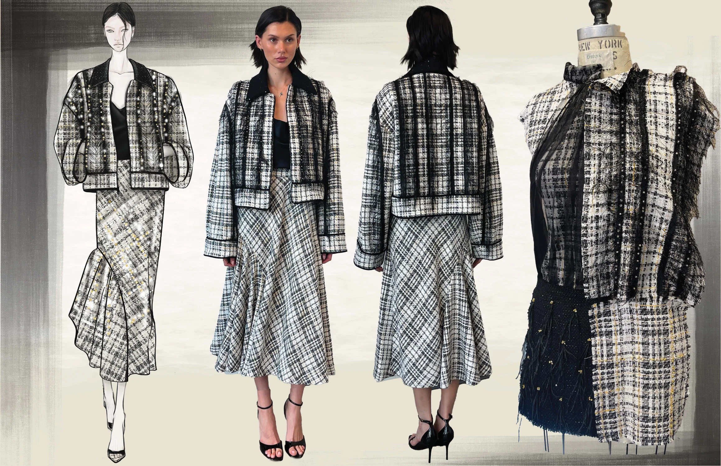 A presentation board combining a fashion illustration, a model wearing the finished tweed jacket and skirt set from front and back, and a dress form displaying a detailed textile treatment with layered black fabric and embellishments.