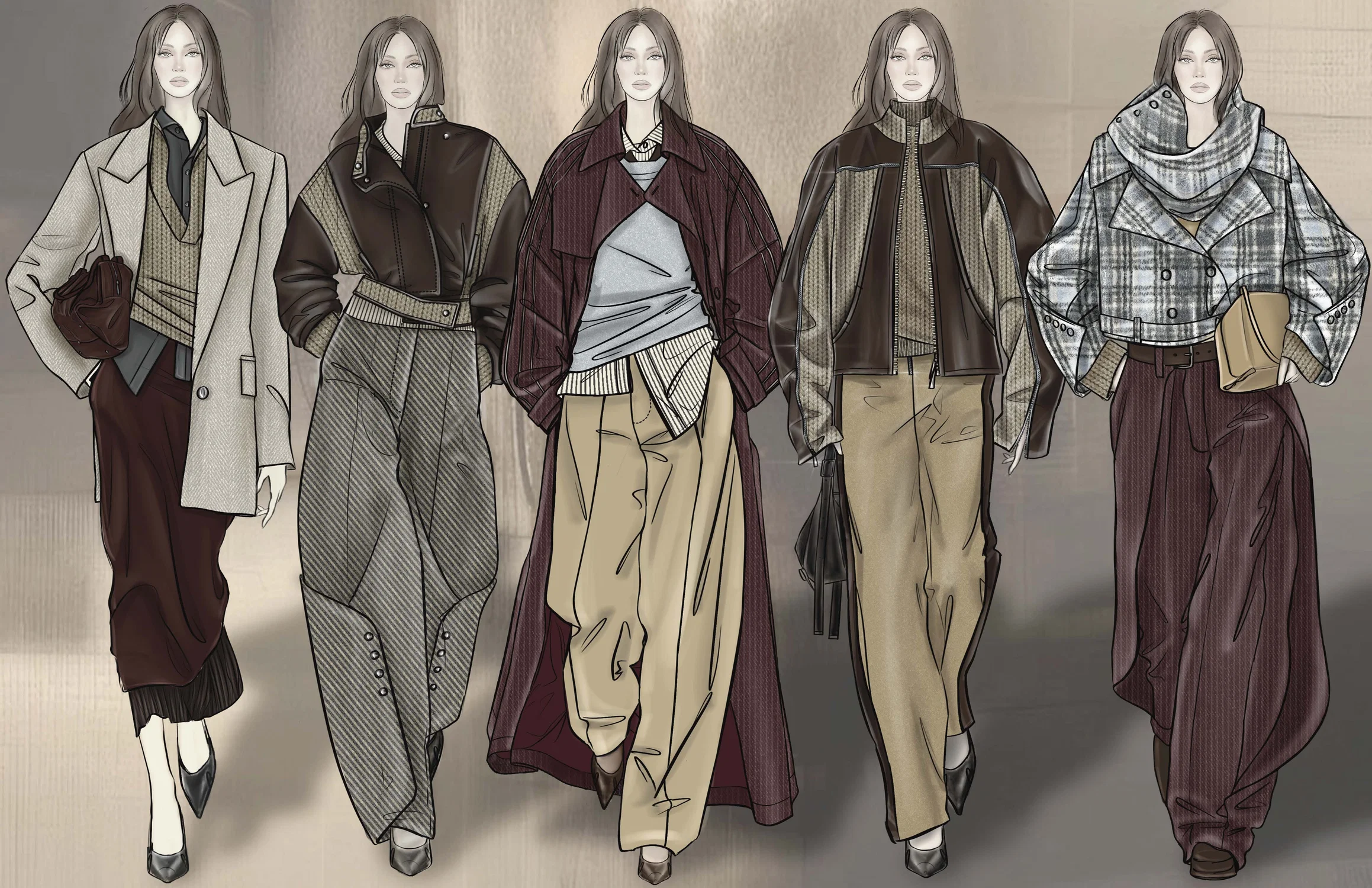 A lineup of five fashion illustrations showing contemporary womenswear looks in neutral and burgundy tones, featuring tailored coats, layered knits, leather outerwear, and relaxed trousers, combining structure with soft draping.