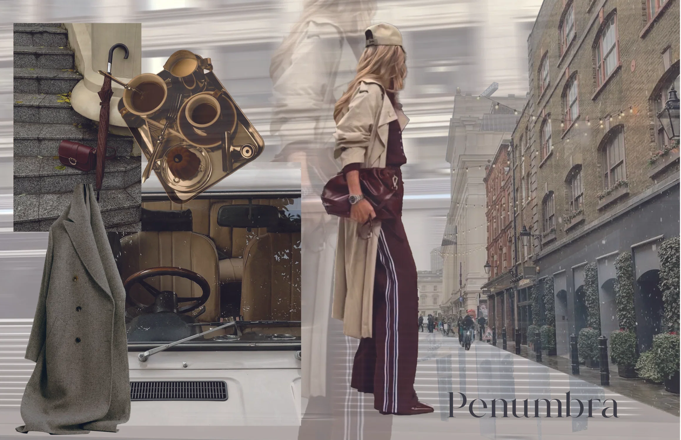 A layered moodboard titled “Penumbra” featuring a rainy European street, a woman in a trench coat and cap, a vintage car interior, and still-life objects like coffee and an umbrella, creating a moody, cinematic atmosphere with muted earth tones.