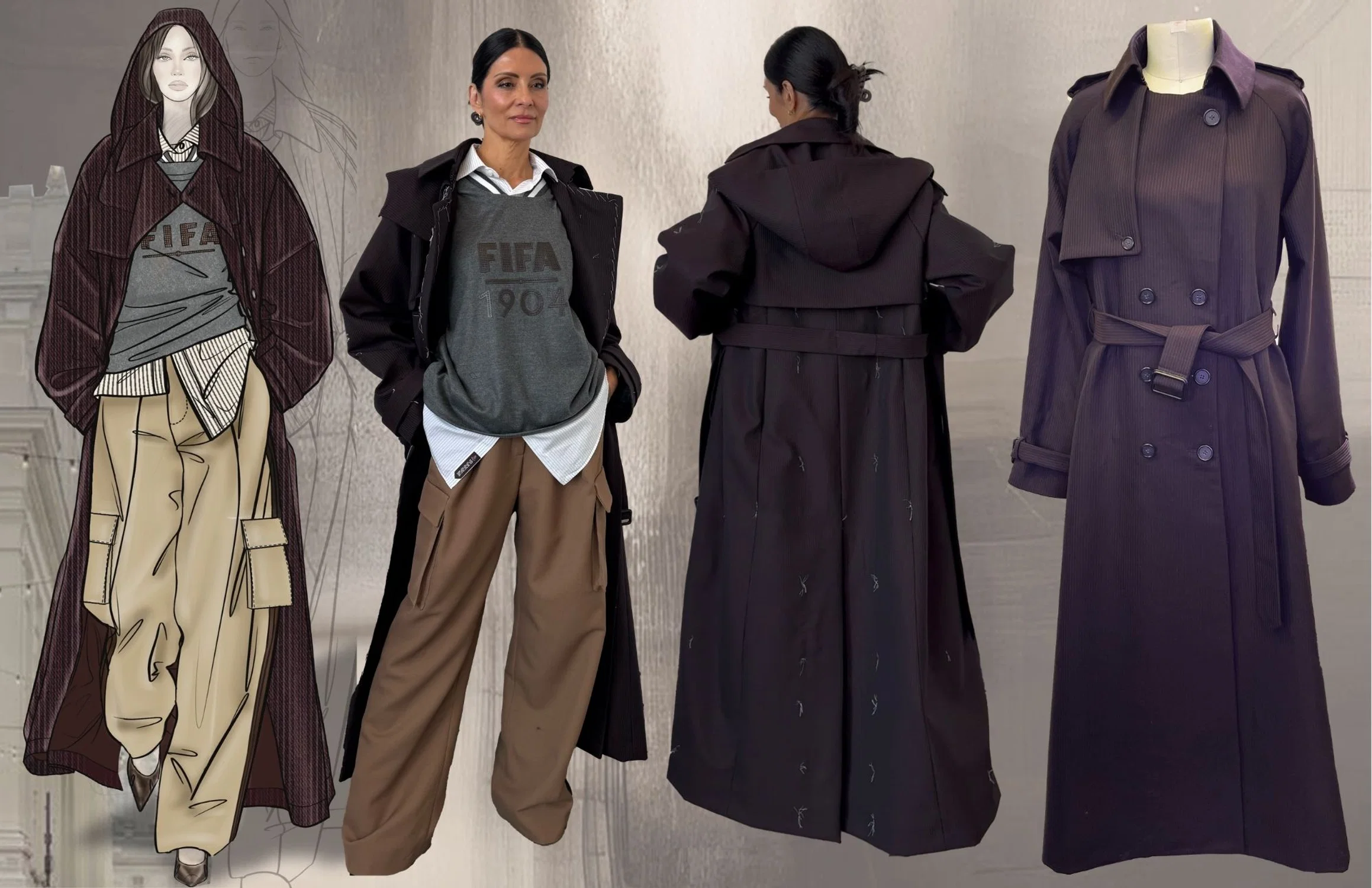 A presentation board showing a fashion illustration alongside a model wearing the completed look, including a long dark trench coat layered over a casual jersey and loose cargo-style pants. Additional views include the back of the coat highlighting a large hood and belt detail, and a close-up of the garment on a dress form, emphasizing tailoring and construction.