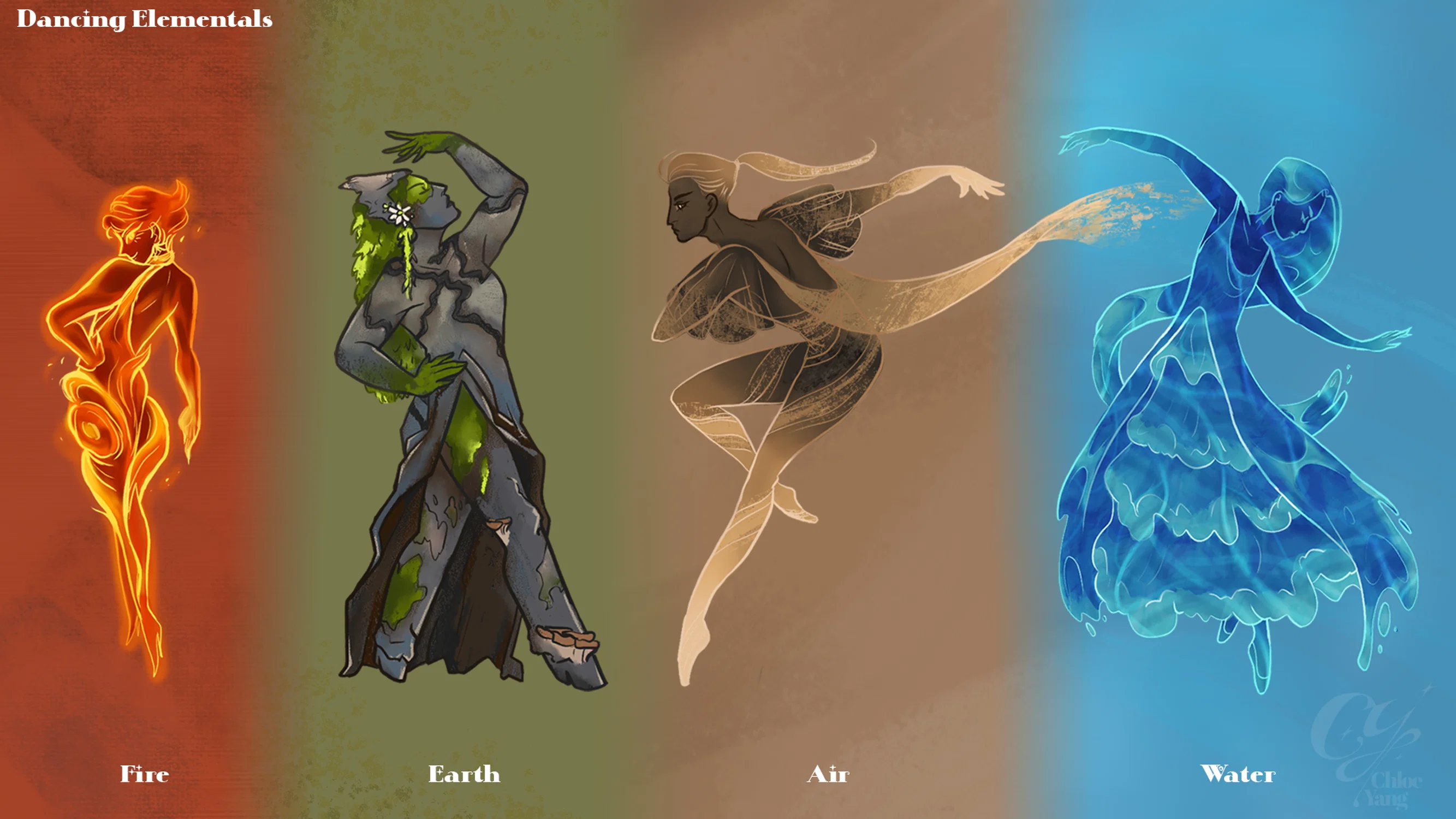 The Dancing Spirit Elementals are based on four elements: Fire, Air, Earth, and water. They appear wherever their element is and have existed since the elements has existed.
