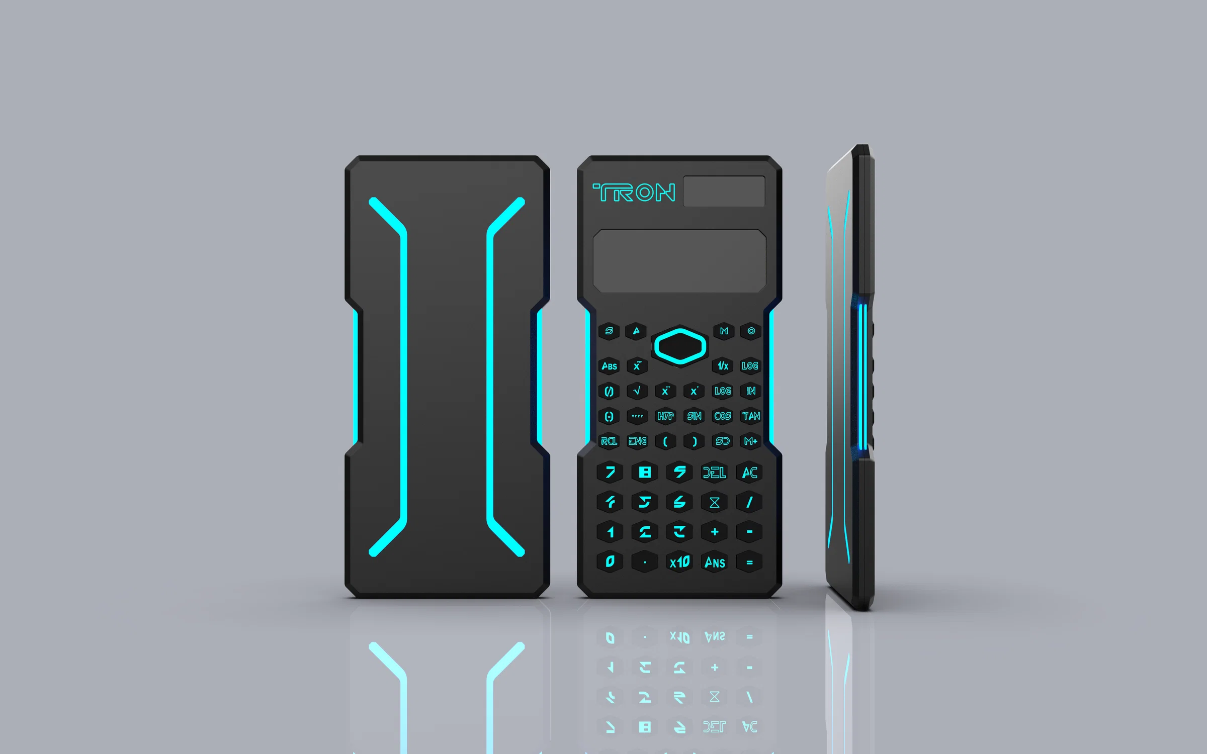 an futuristic calculator inspired by tron to serve tech savvy enthusiasts