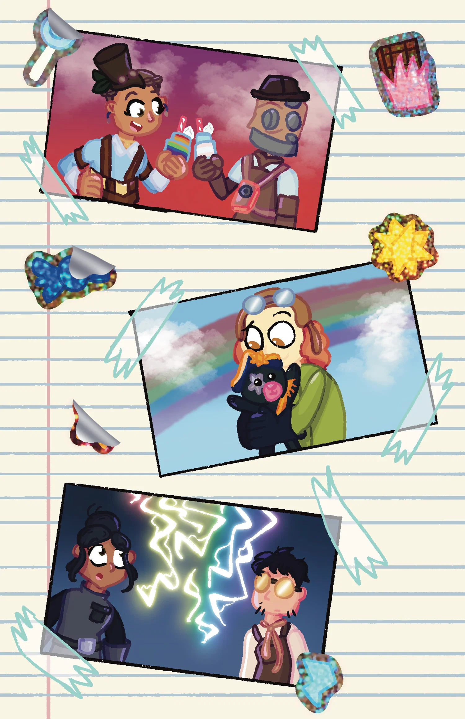 A digital scrapbook page. the background is made to look like a notebook. there are digital stickers made to look like a lollipop, candy, and stars all around the page. there are three main photos on the scrapbook page, the first dipicts a girl with brown hair, tan skin and a blue dress holding a milkshake. along with her there is also a robot holding a milkshake. behind them is a sunset. the second image depicts a girl wearing an aviator hat with orange hair and a green shirt, holding her teddy bear. behind them is a rainbow. the third photo at the bottom has a woman with brown skin, and black hair in a bun, and a man with black hair and yellow goggles. they are both staring at lightning that appears to be rainbow.