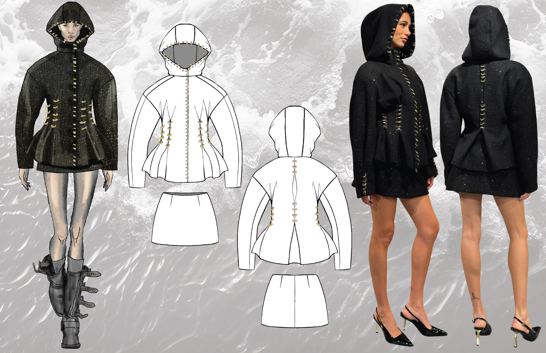 Hooded jacket and mini skirt set in sequined tweed, defined by a sculptural peplum silhouette. Gold and silver rings and hand-set eyelets are integrated throughout, tracing the front placket and continuing through the hood while shaping pleats and structure. Completed with a gold RiRi zipper and fully hand-lined in silk charmeuse.