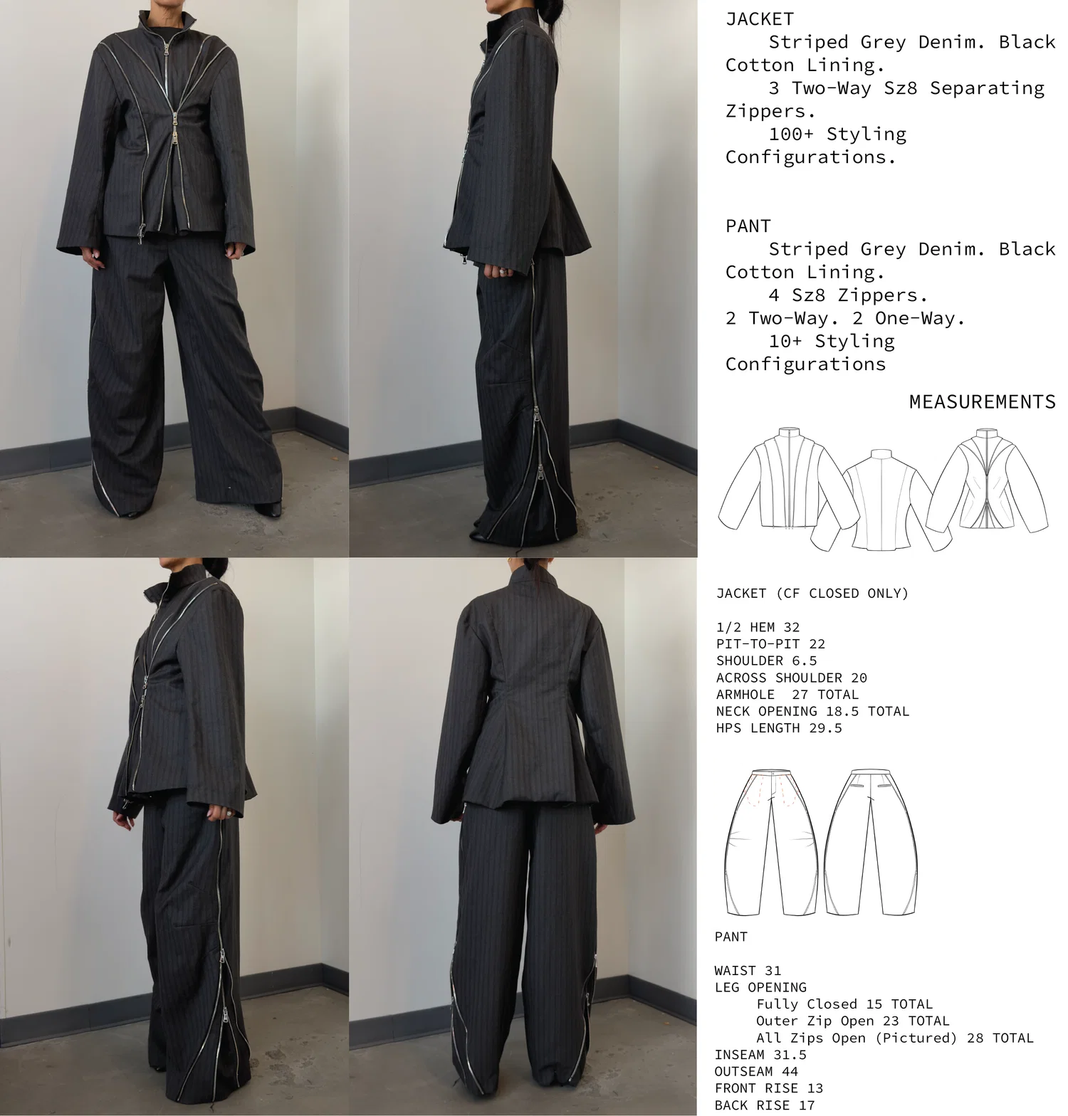 A modular multi-zip jacket and pant set designed to shift and reshape the silhouette in real time. The jacket uses three concentric two-way zippers to cinch and contour the body, while the pants integrate a layered zipper system along the outseam to reveal panels and adjust the flare.