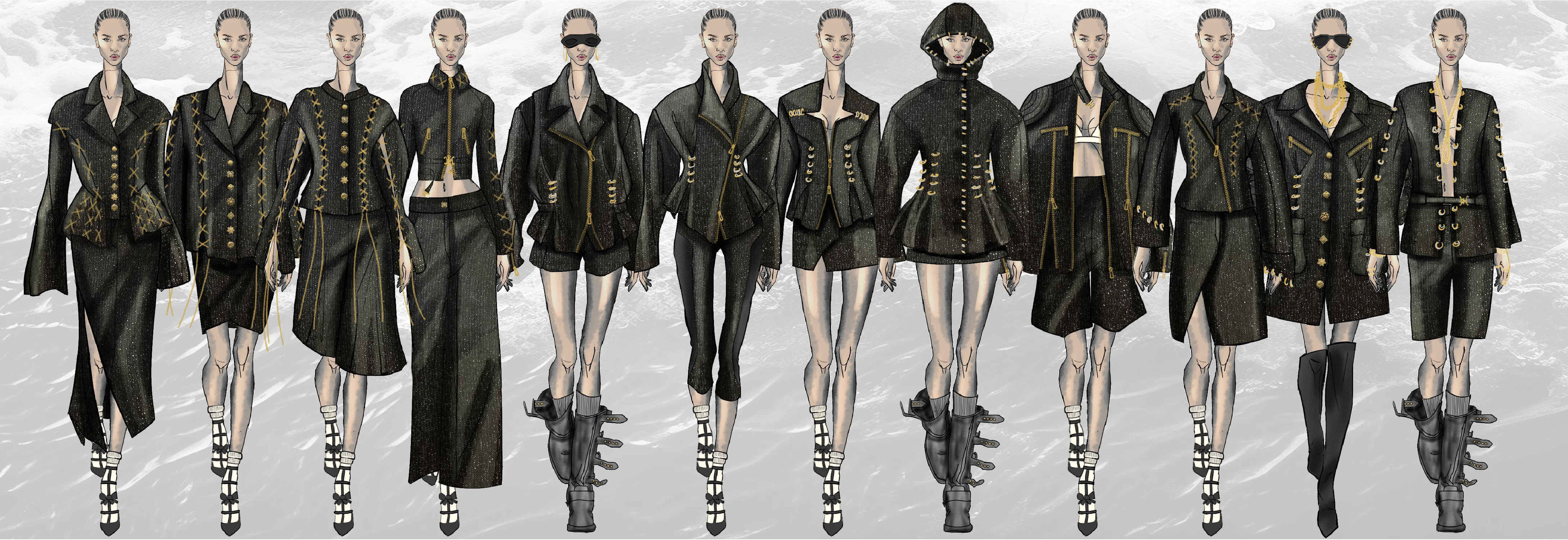 A romantic reinterpretation of biker dressing, merging edge with softness. Jewelry and hardware are integrated into the construction, with rings, chains, and closures functioning as both structure and detail. These elements evolve across the collection, creating a balance between strength and delicacy, grounded in contrast and refined through tailoring and silhouette.