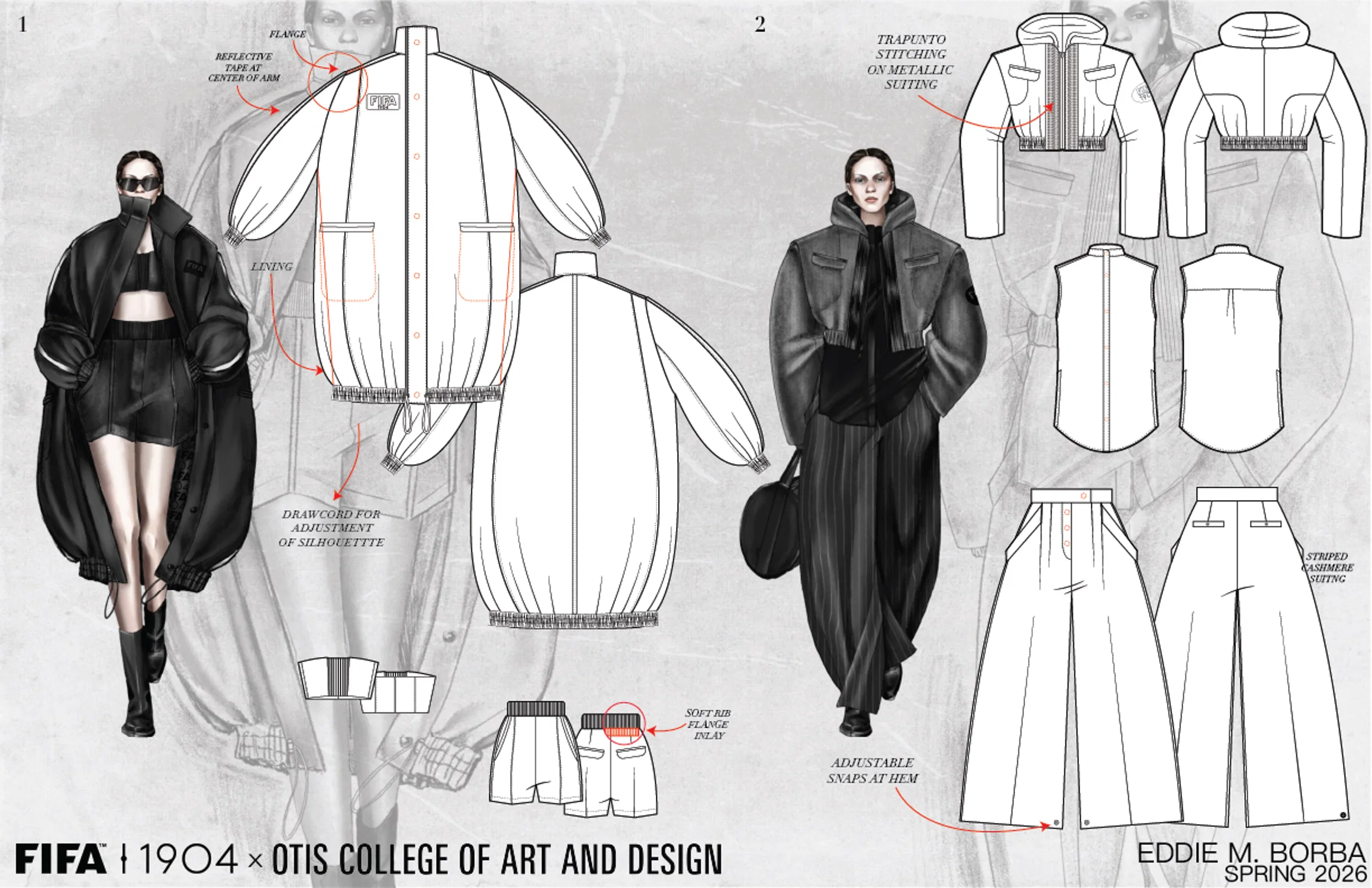 layout showing technical flats for 2 selected looks