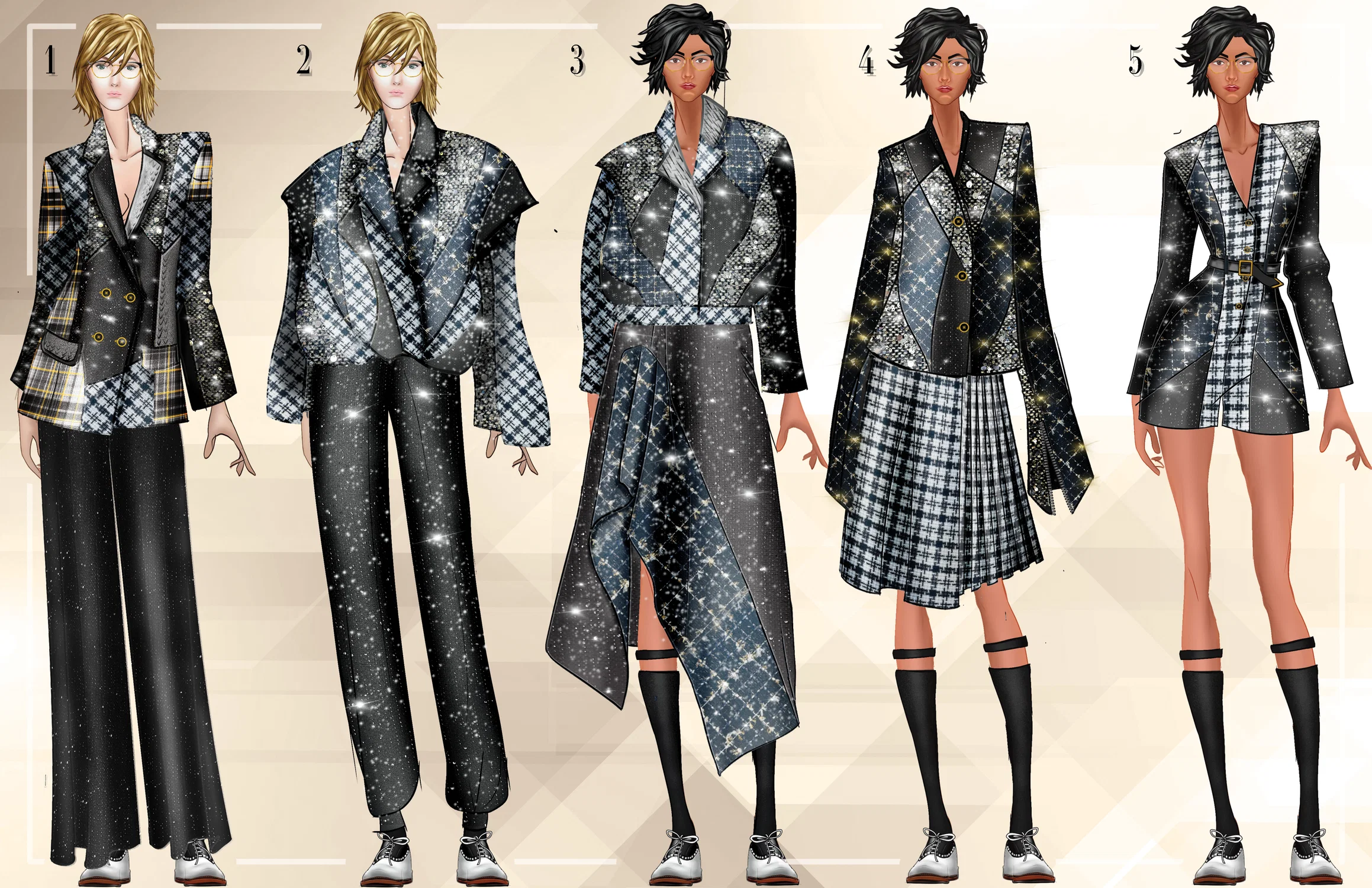 Lineup of 5 outfits, each of which has patchwork invovled with the design