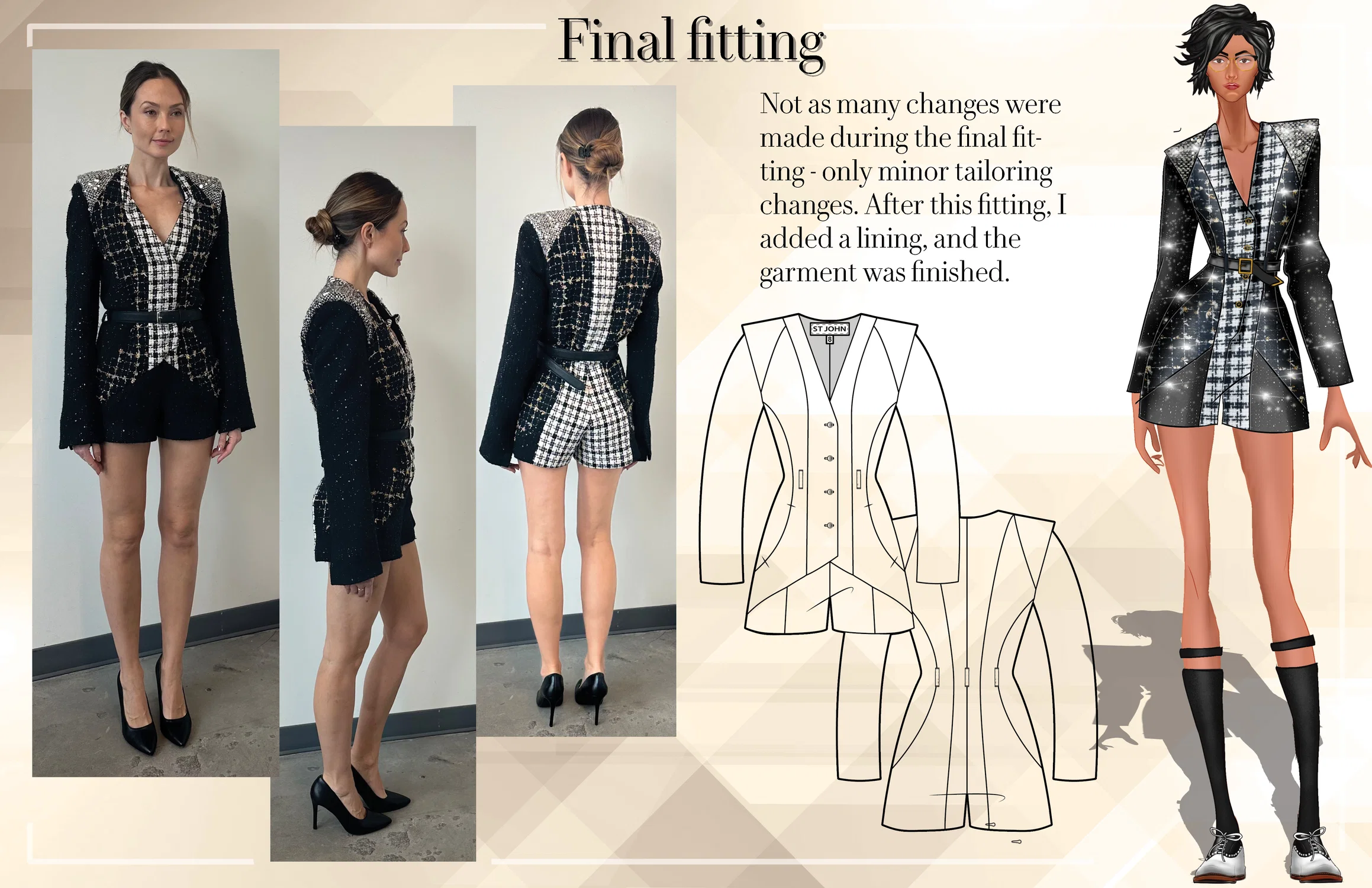 Image showing fitting photos from the final fitting of my chosen garment for ST JOHN, with the original illustration on the right.