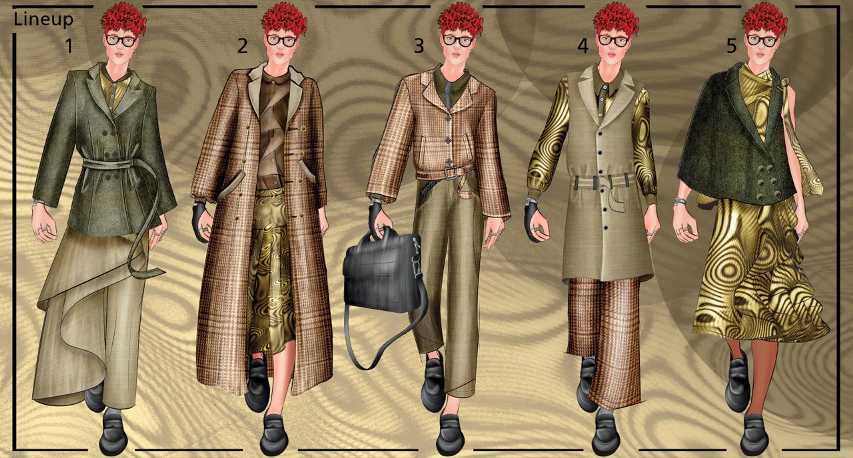 Lineup of 5 looks with an earth tones color palette. The figure wearing them has curly red hair and high cheekbones