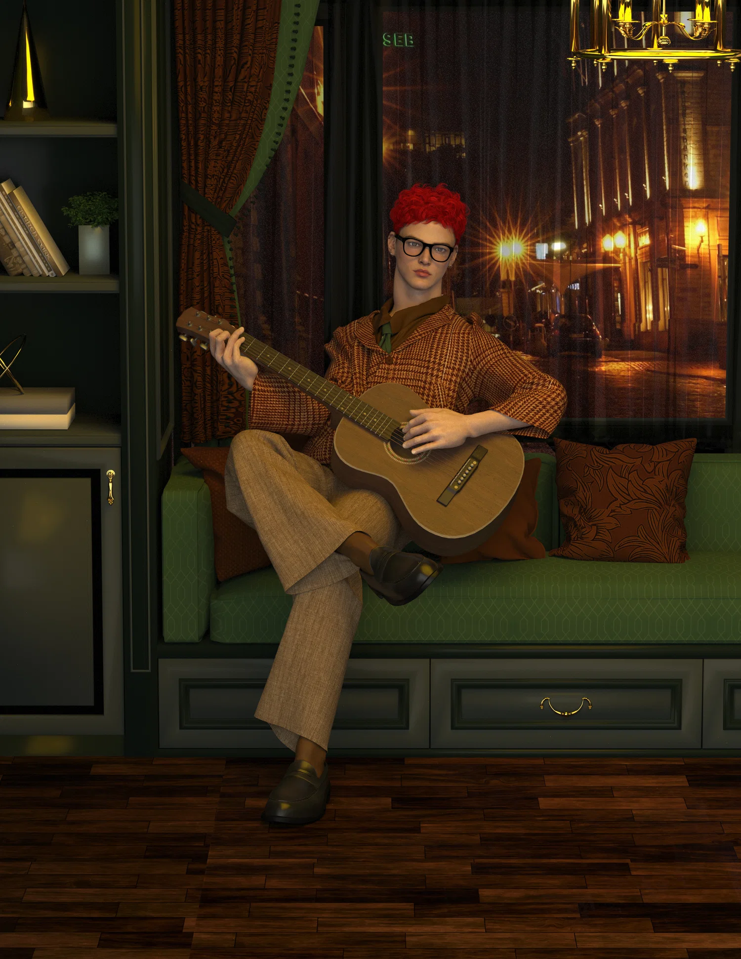 3D Render of a person playing a guitar in a nice study