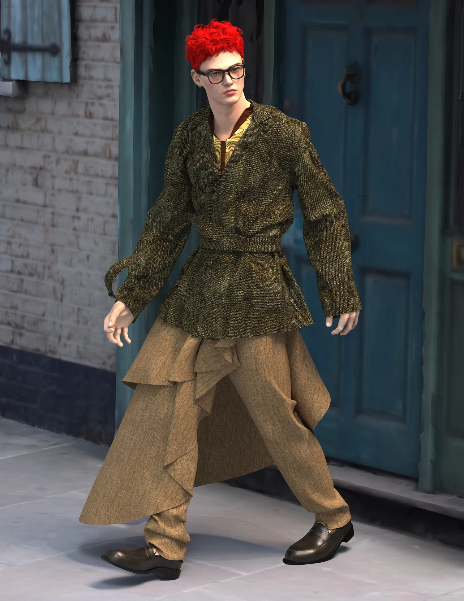 A man with red, curly hair standing in front of a door wearing a jacket and pants, the pants have a large ruffle on the side and the jacket has a tight belt around it.