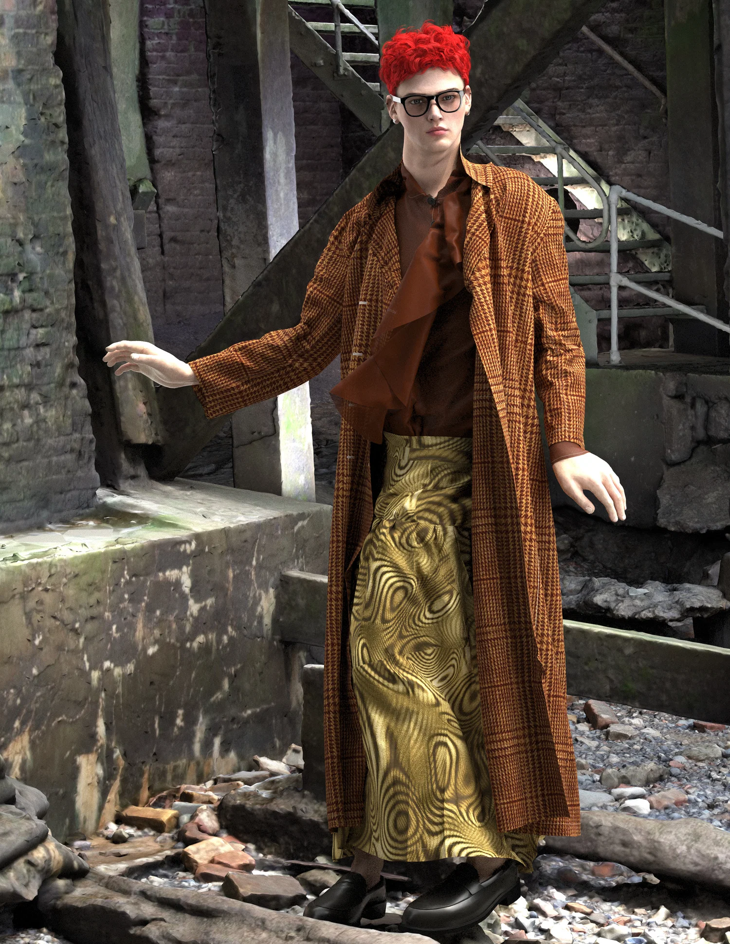 A man with red, curly hair standing in front of a decrept building wearing a trenchcoat, skirt, and ruffley shirt