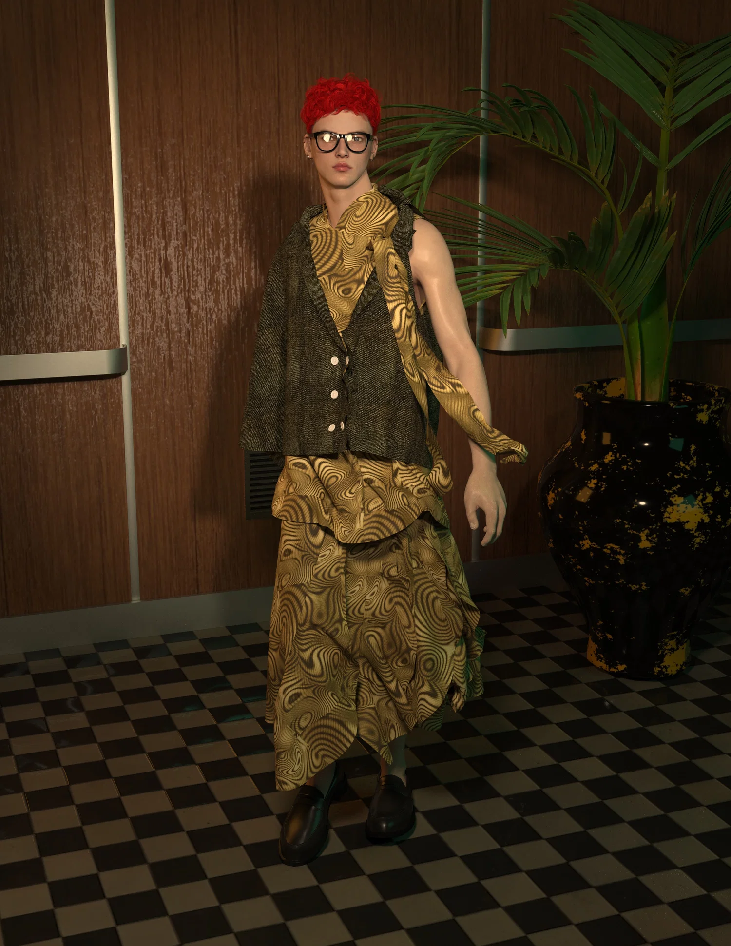 A man with curly red hair wears a dress and capelet, and stands alone in a checkerboard room with a spotlight on him. Near h