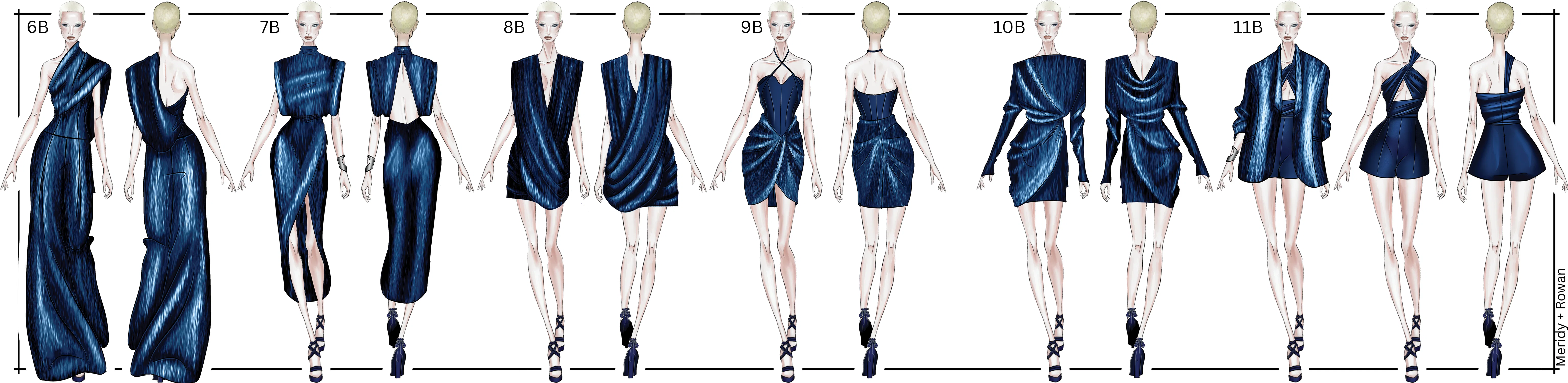 Lineup of 6 illustrations of 6 looks with front and back looks, with a variety of velvet and