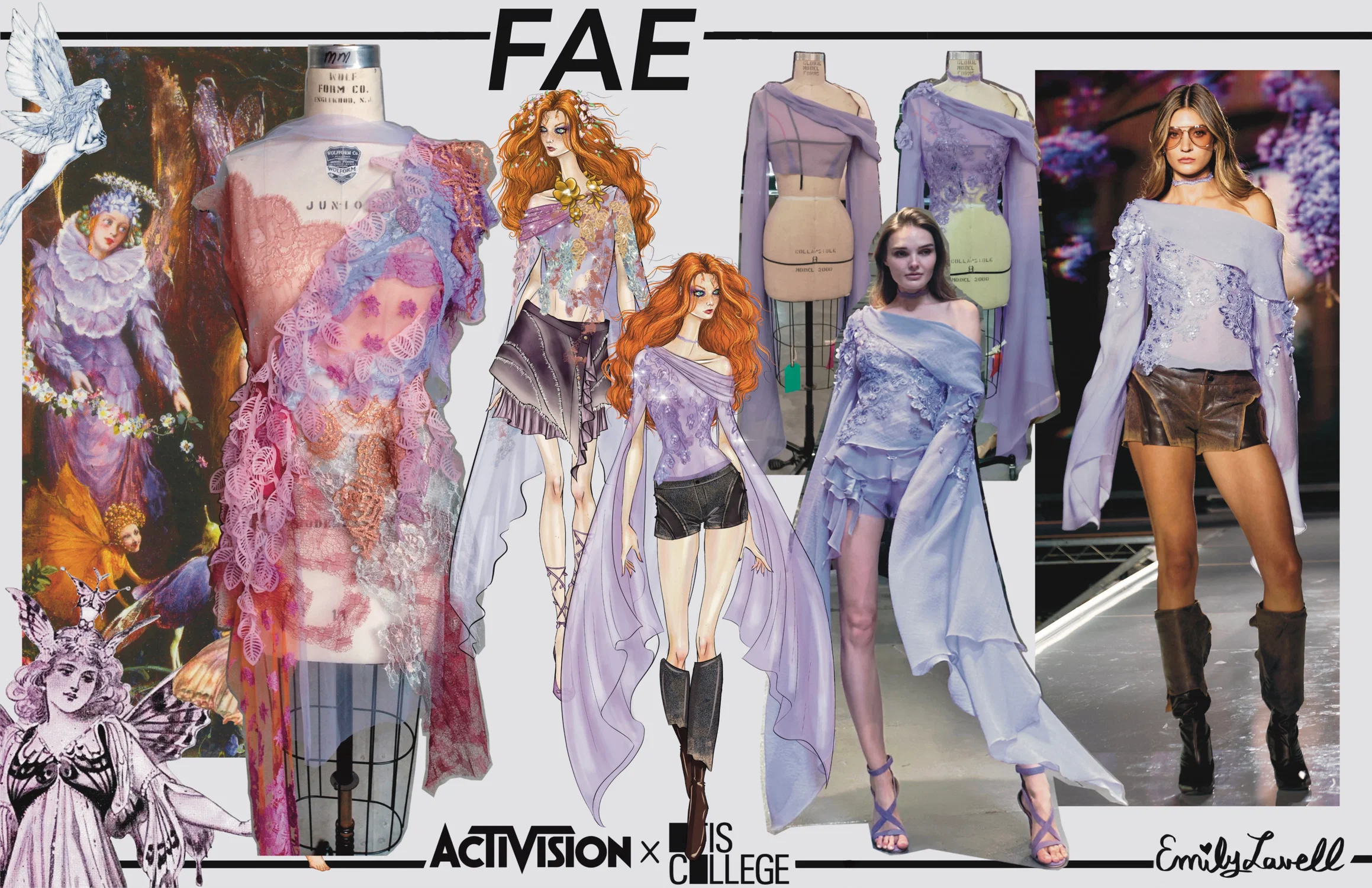 This shows the process for my junior mentor project with Activision. I designed a ready to wear collection inspired by the magical creature, the Fae. I began with research of Fae in art and then moved into initial sketching and a lace fabric treatment. After feedback from my mentor I pivoted to an all purple color scheme for the final garment.