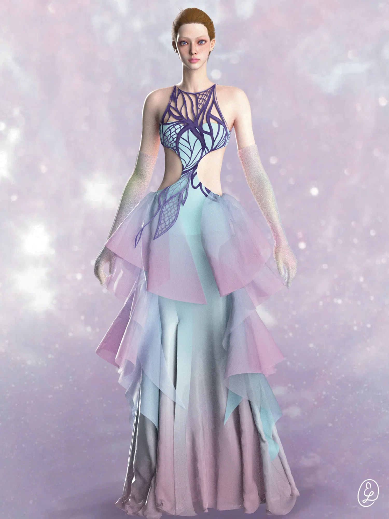 image of fashion figure in blue and pink ruffle dress with purple lace bodice