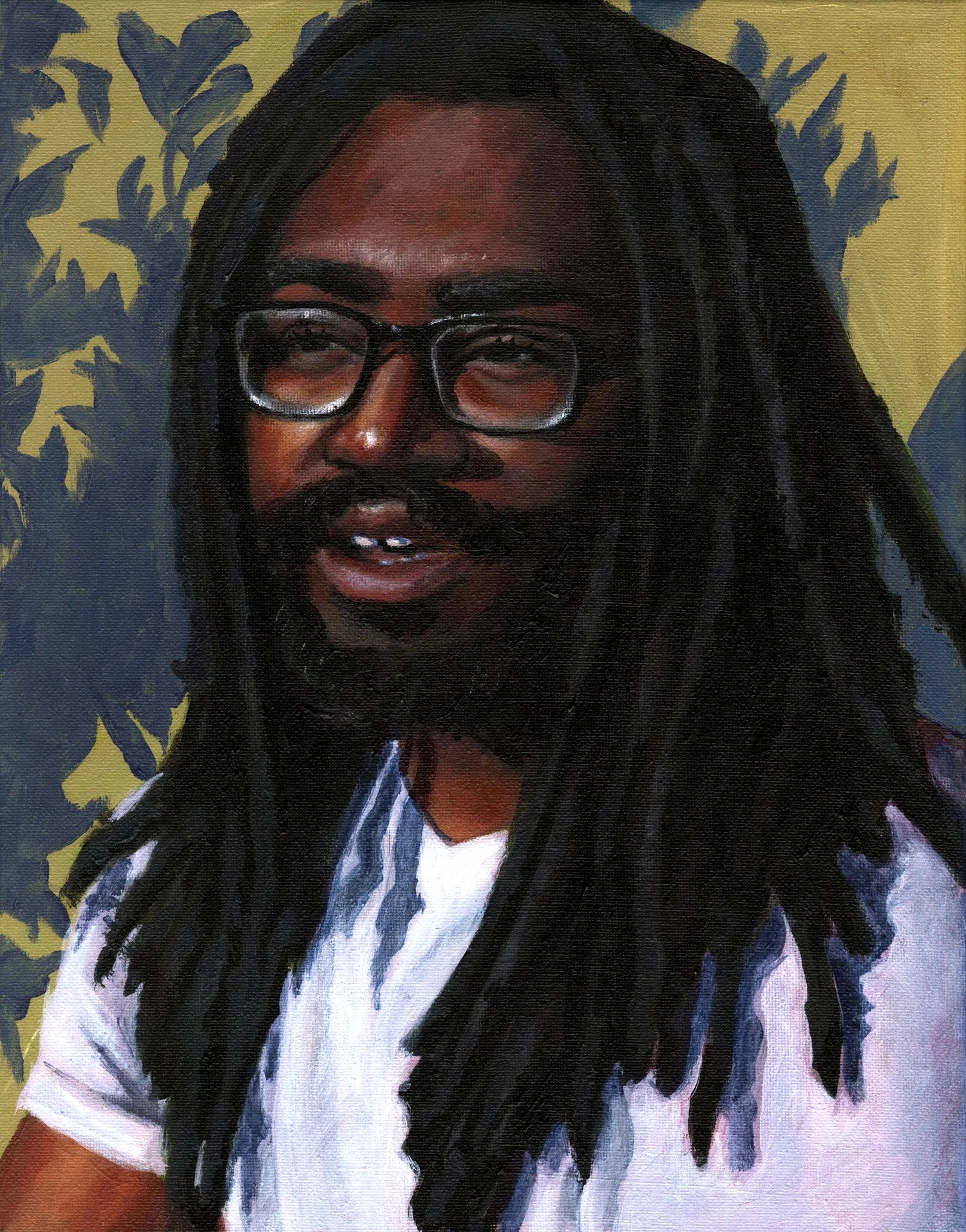painted portrait of african american man with long locs and glasses, open mouth smiling, white t shirt, and impressionist foliage background