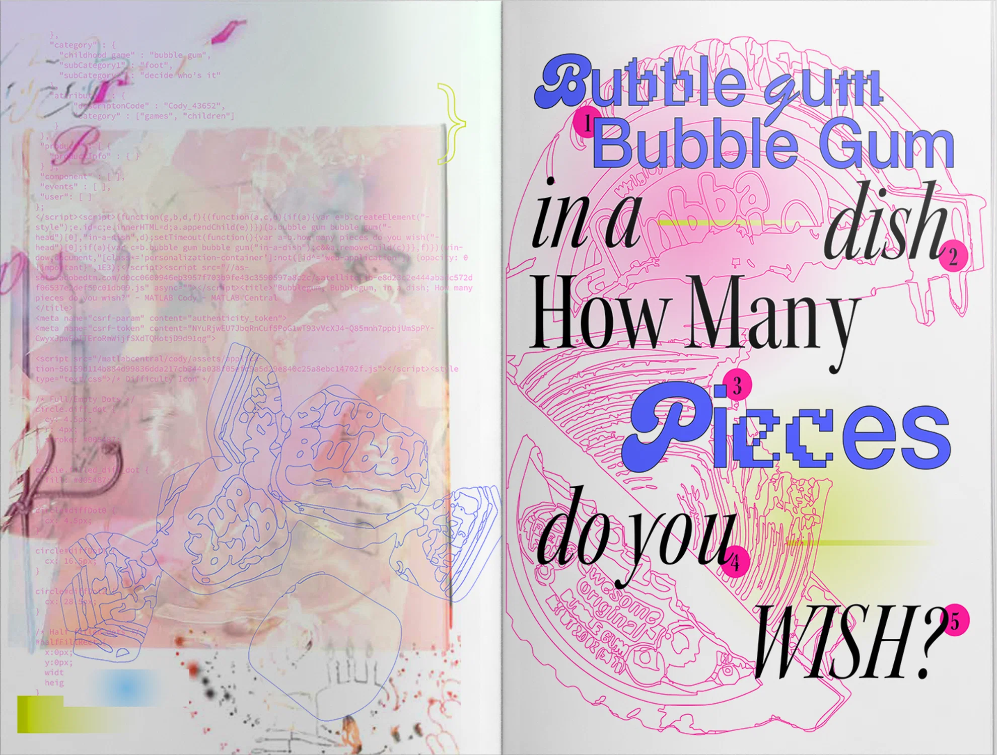 This image is a spread from my zine, Pixelated Nostalgia, that explores growing up in the early 2000's. This work explores the topic of lingering words drawing inspiration from the rhyme, "Bubble gum, bubble gum, in a dish."