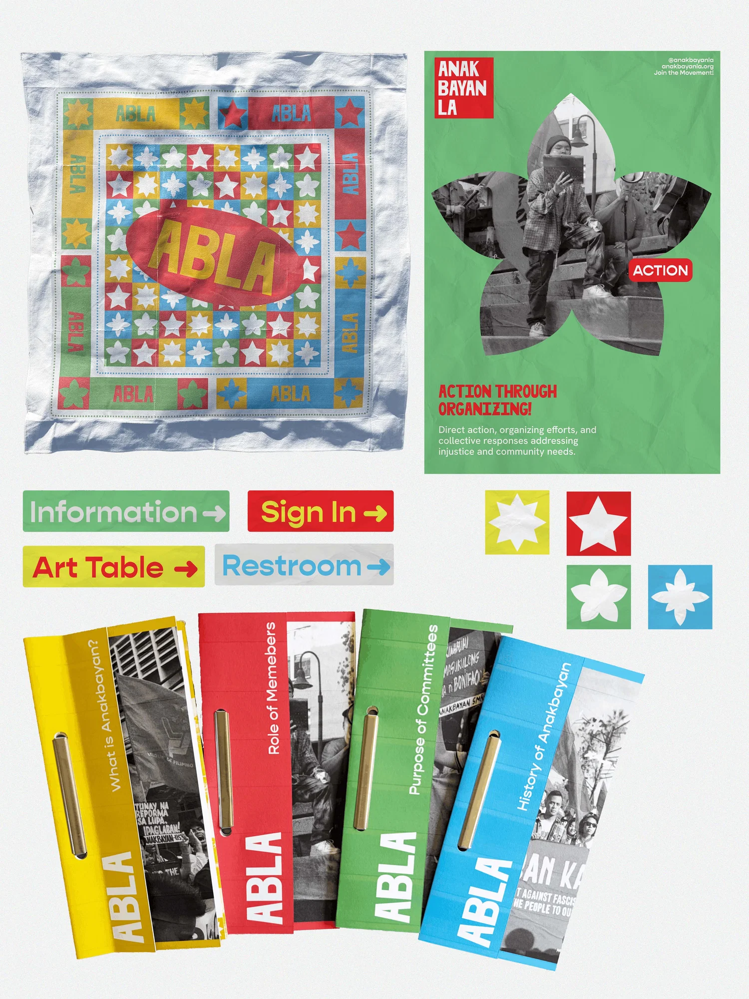 This image shows a series of deliverables for a rebrand of the non-profit Anakbayan LA which includes a bandana, posters, sticker, pamphlets, and sineage.